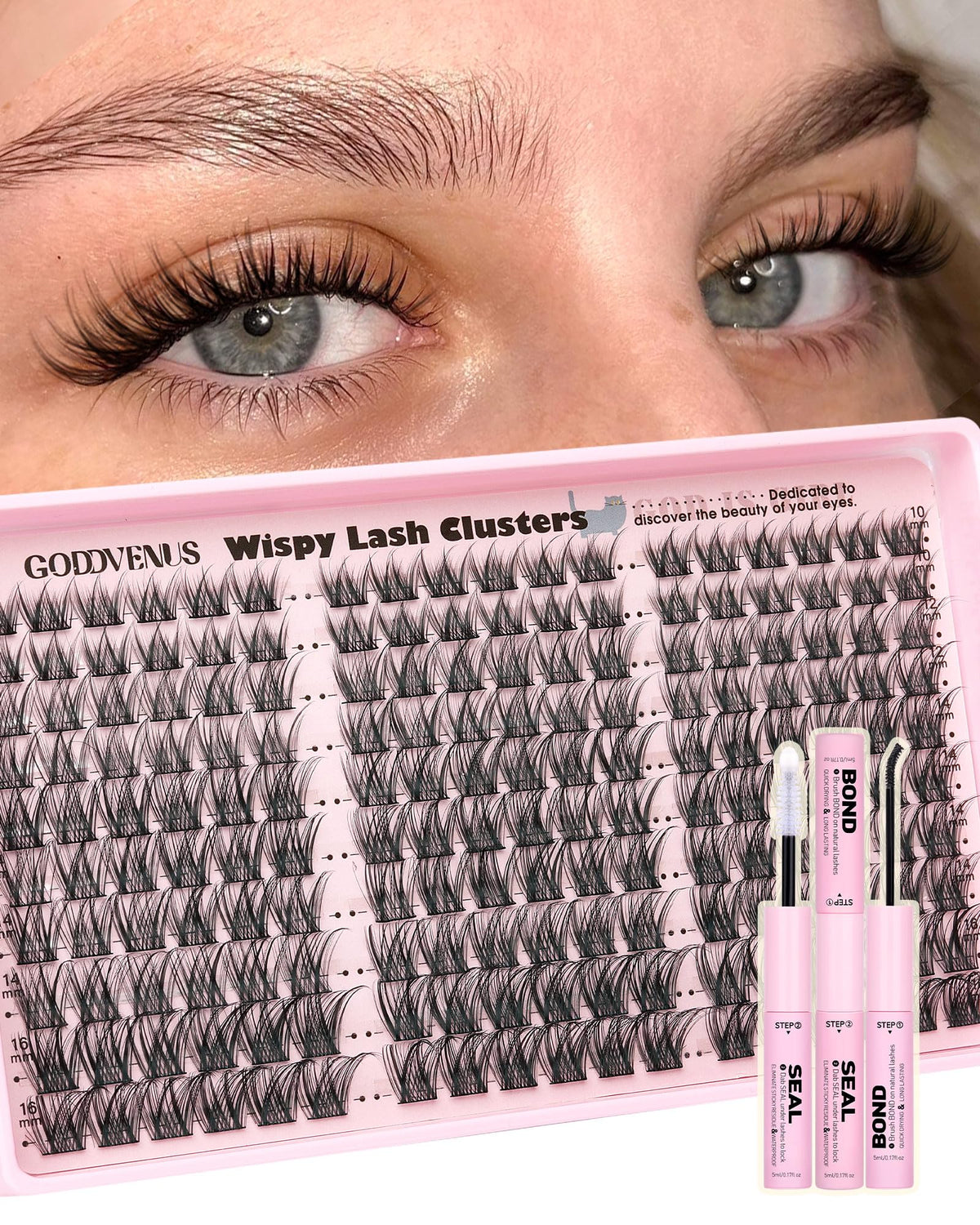 Goddvenus Wispy Lash Clusters Kit packaging showcases elegant design for easy at-home use