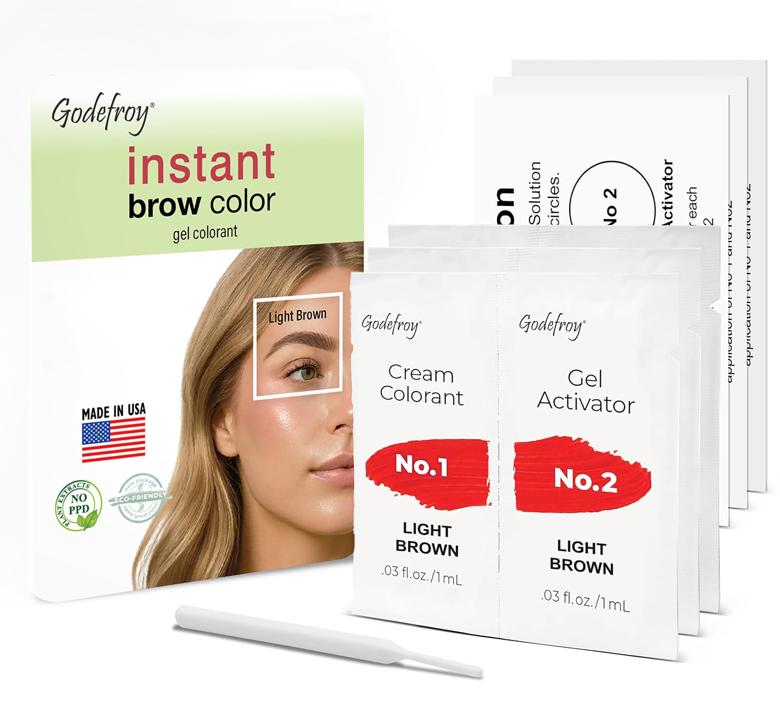 Godefroy Fast Acting Brow Color packaging shows three applications for salon-like results