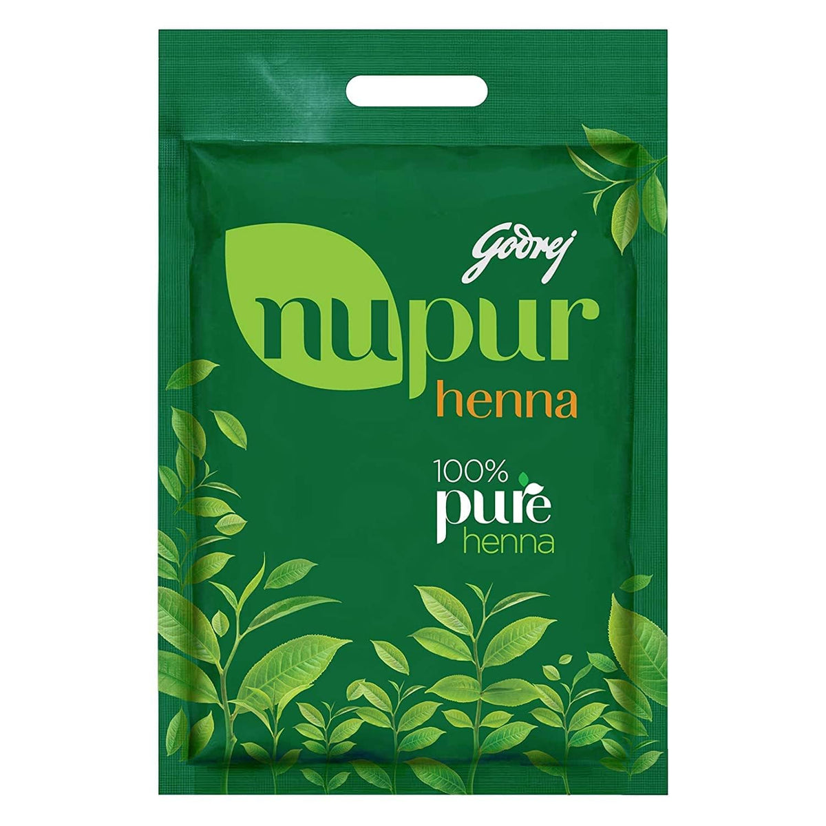 Godrej Nupur Henna powder packaging 400g for natural color and conditioning.