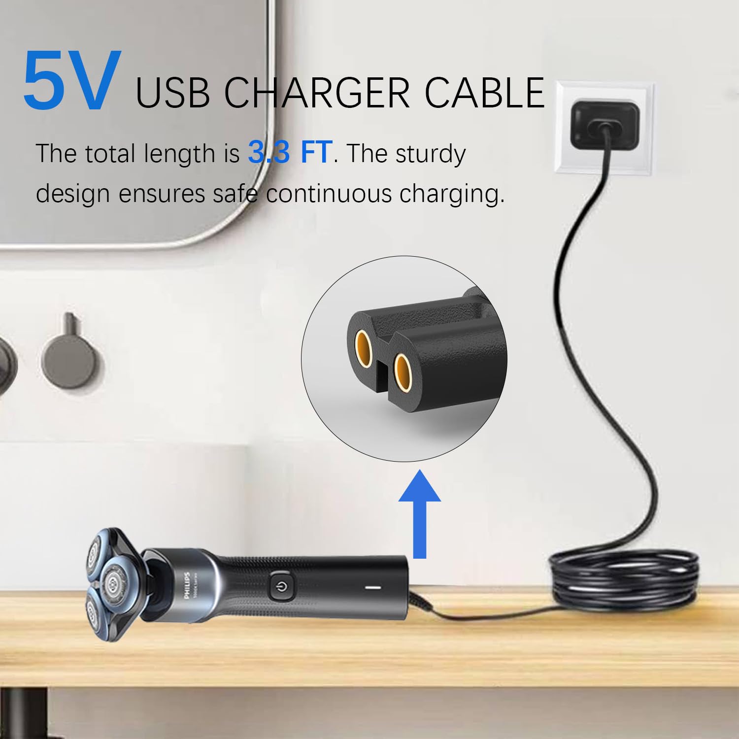 Goffeu USB cable 3.3ft keeps Philips Norelco shaver ready.