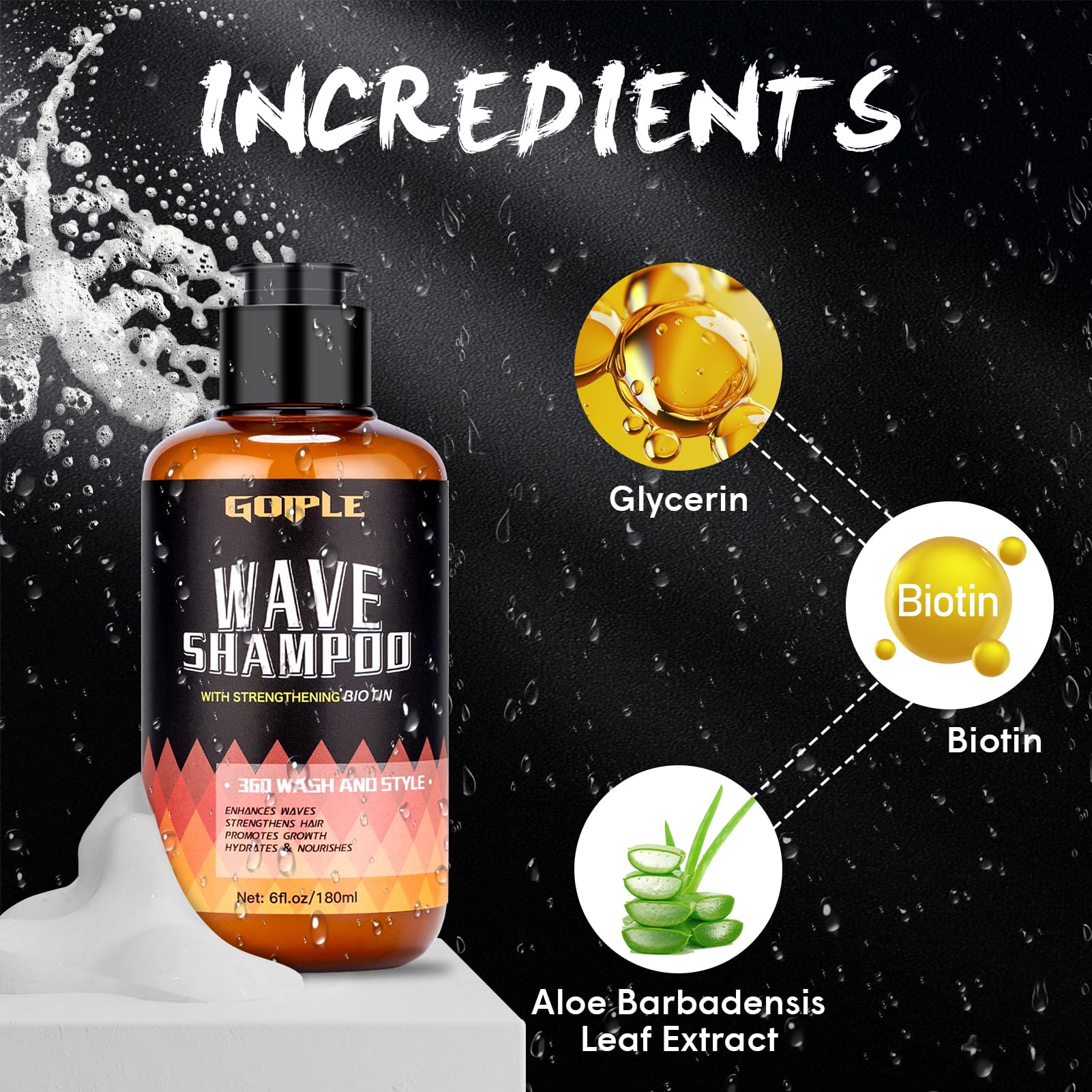 Goiple 360 Waves Wash Shampoo ingredients sesame biotin aloe nourish hair texture.