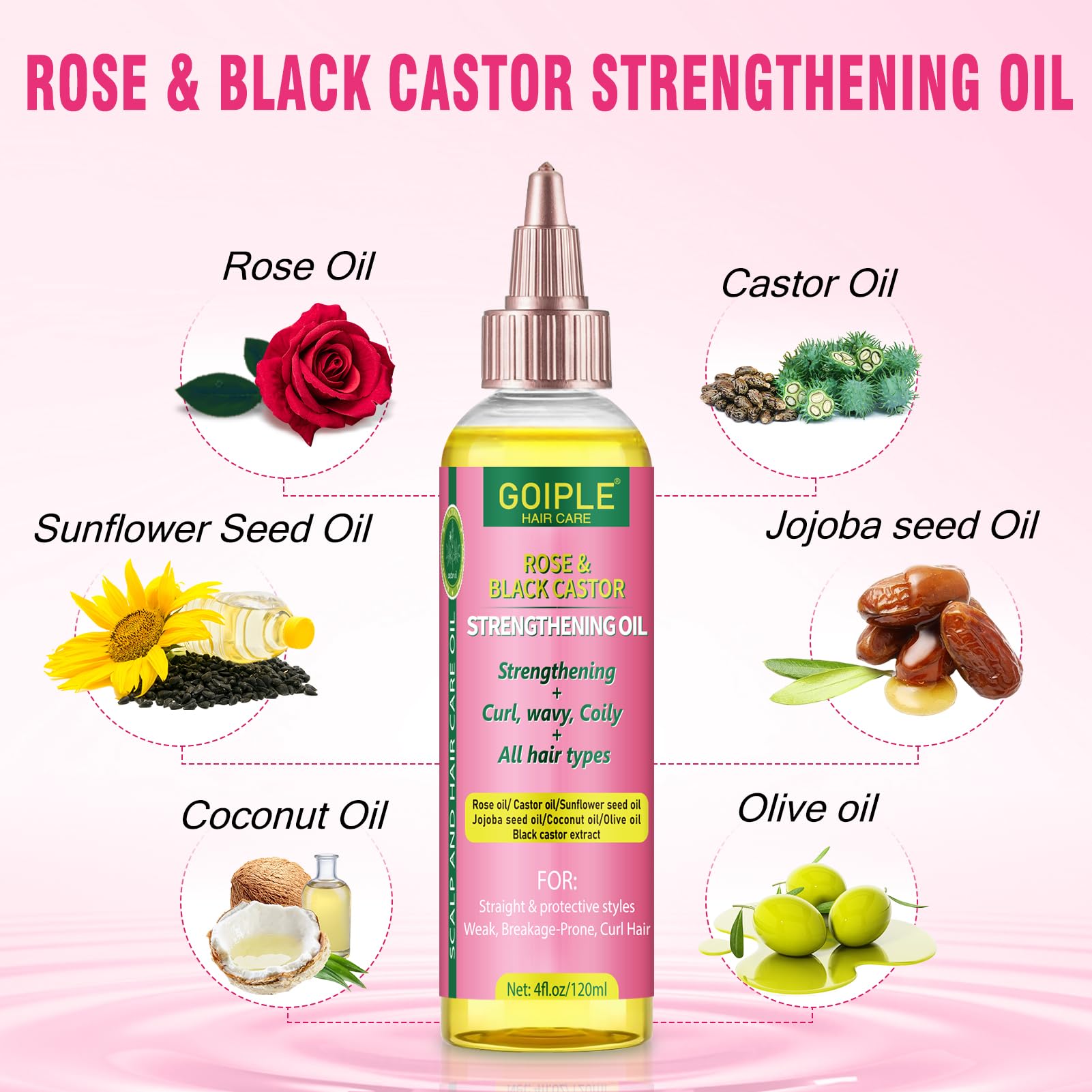 Goiple aceite de rosa y ricino para nutrir cuero cabelludo sin grasa.
