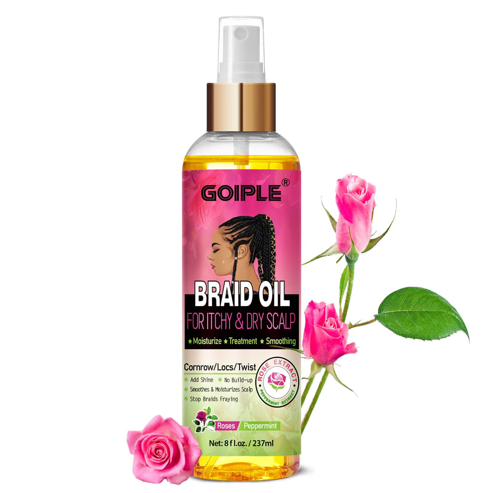 Goiple Aceite para Trenzas, botella vertiendo, hidrata el cabello y facilita la aplicación.