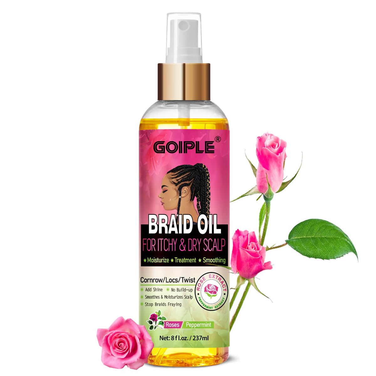 Goiple Aceite para Trenzas, botella vertiendo, hidrata el cabello y facilita la aplicación.