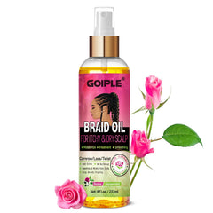 Goiple Aceite para Trenzas, botella vertiendo, hidrata el cabello y facilita la aplicación.