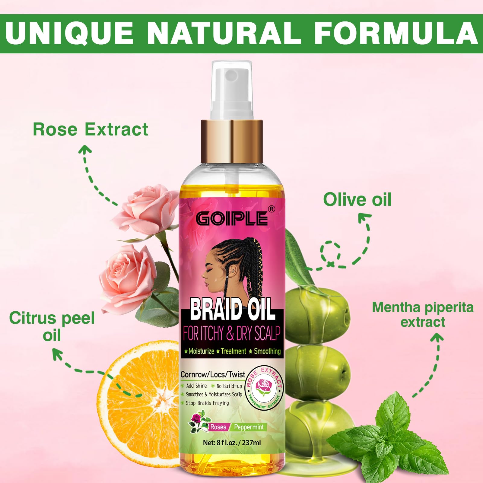 Goiple Aceite para Trenzas, brillo sedoso tras la aplicación.
