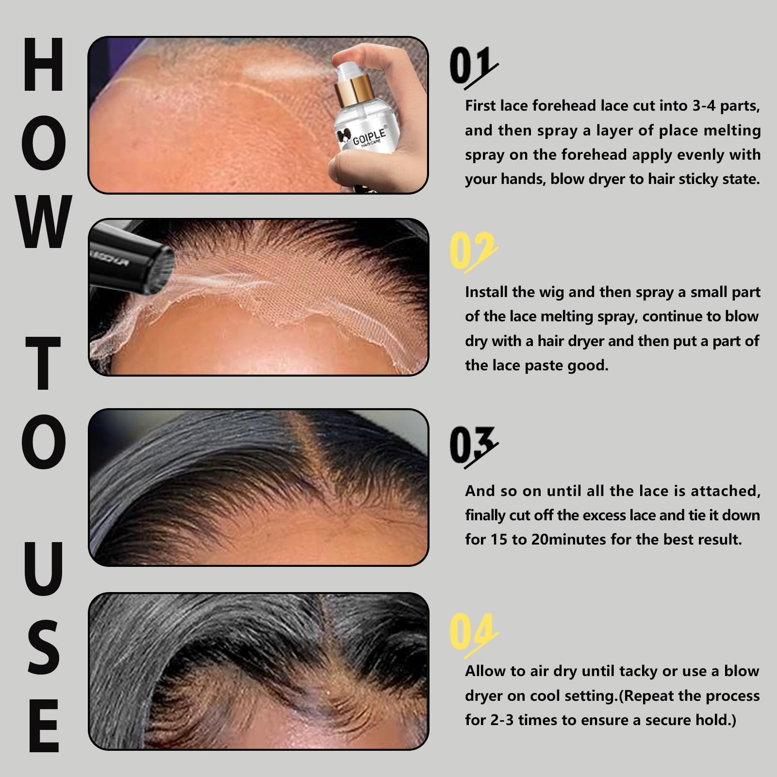 Goiple adherencia frontal para extensiones y cierre seguro