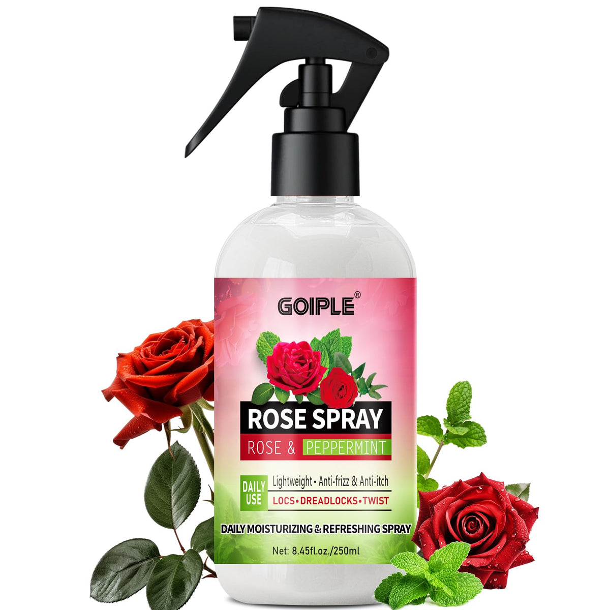 Goiple Agua de Rosa para locs ofrece brillo suave y hidratación diaria.