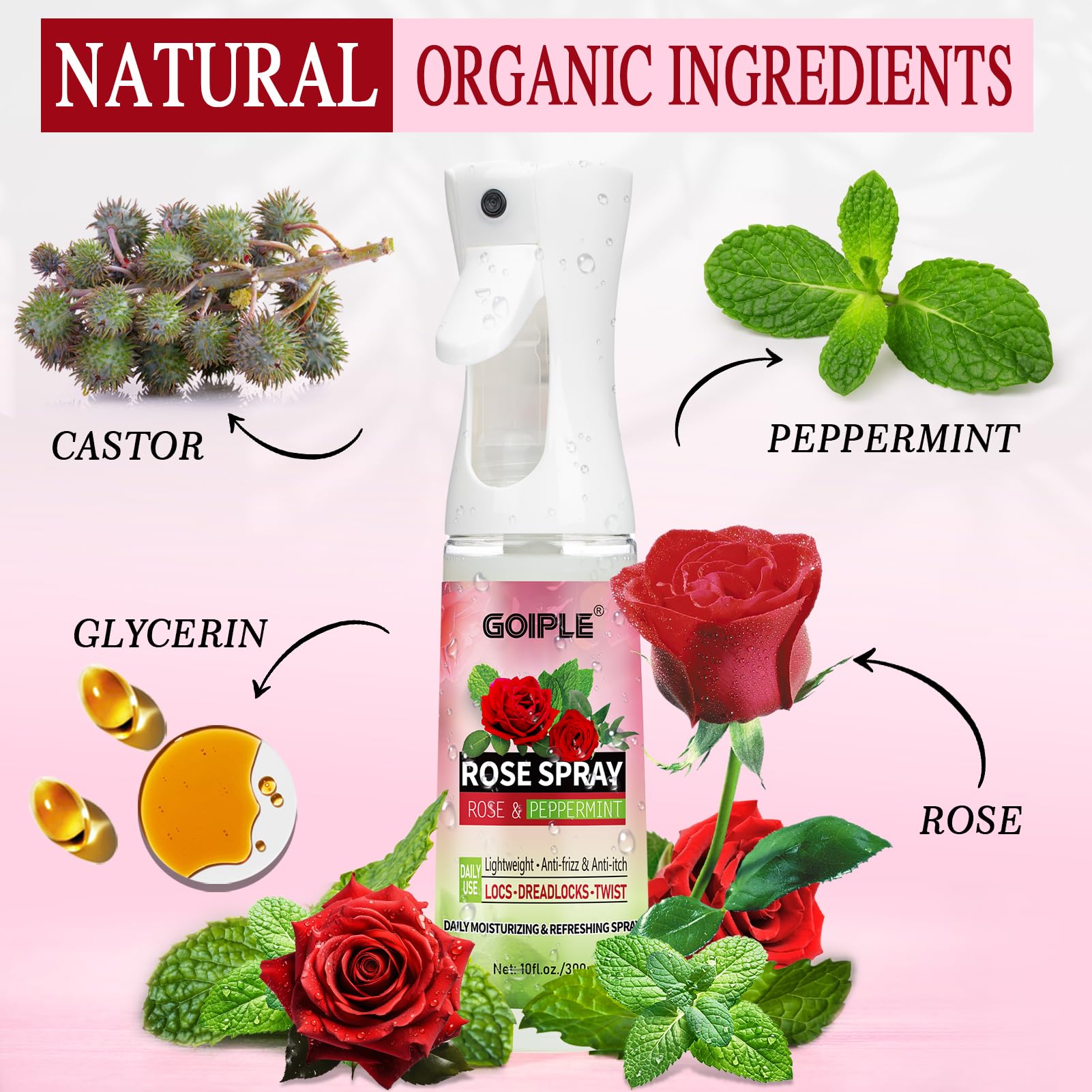 Goiple spray cuidado del cuero cabelludo con agua de rosa para alivio.