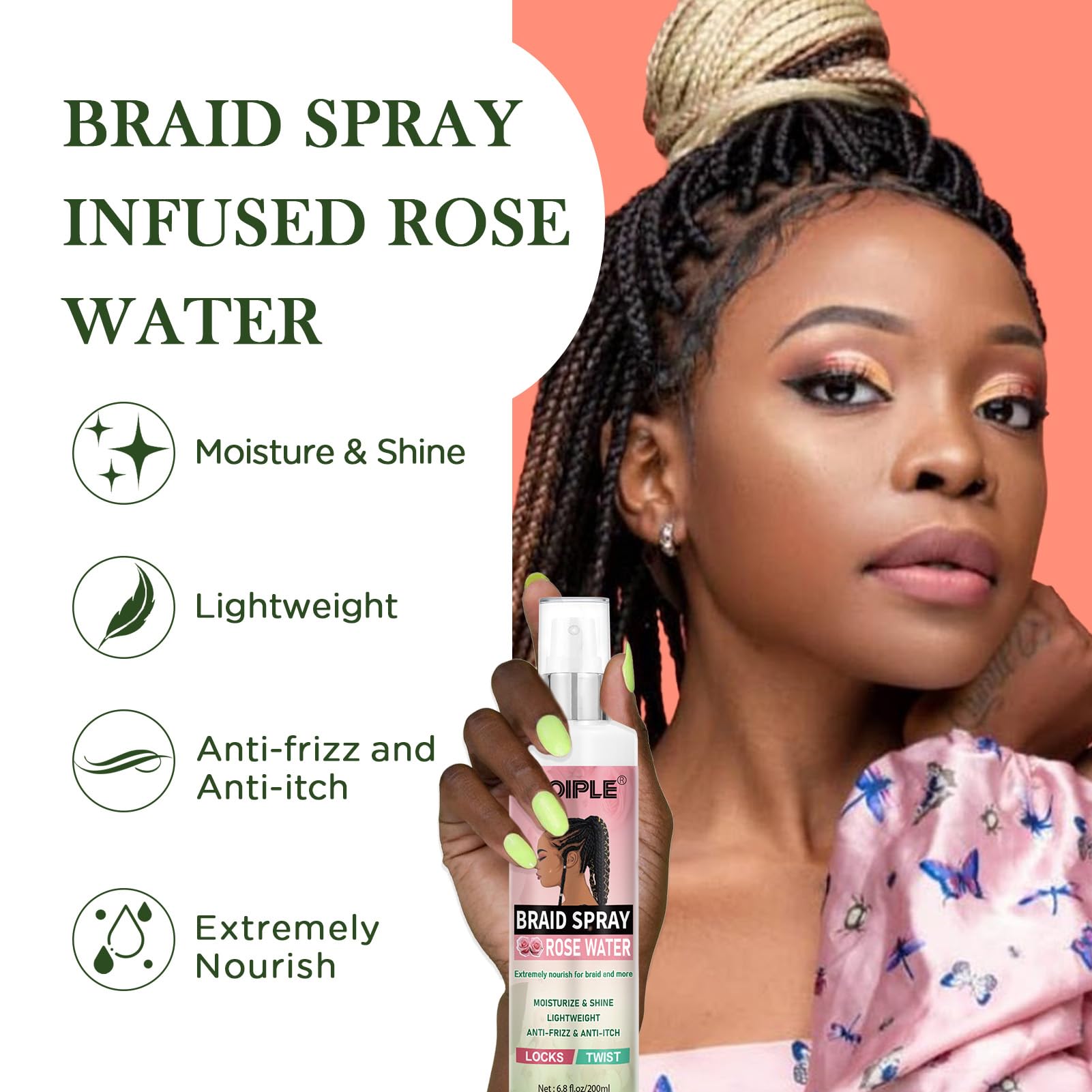 Goiple Braid Spray Rose Mint mist on braided hair for shine.