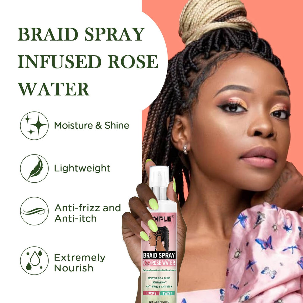 Goiple Braid Spray Rose Mint mist on braided hair for shine.