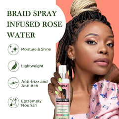 Goiple Braid Spray Rose Mint mist on braided hair for shine.