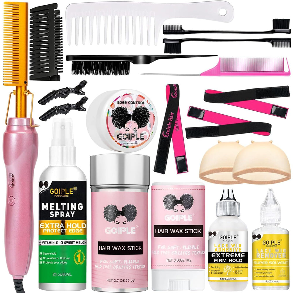 Goiple electric hot comb pink front view for quick frizz control on wigs