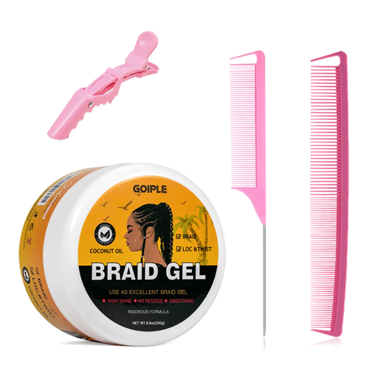 Goiple gel para trenzas con fijación fuerte y brillo duradero.