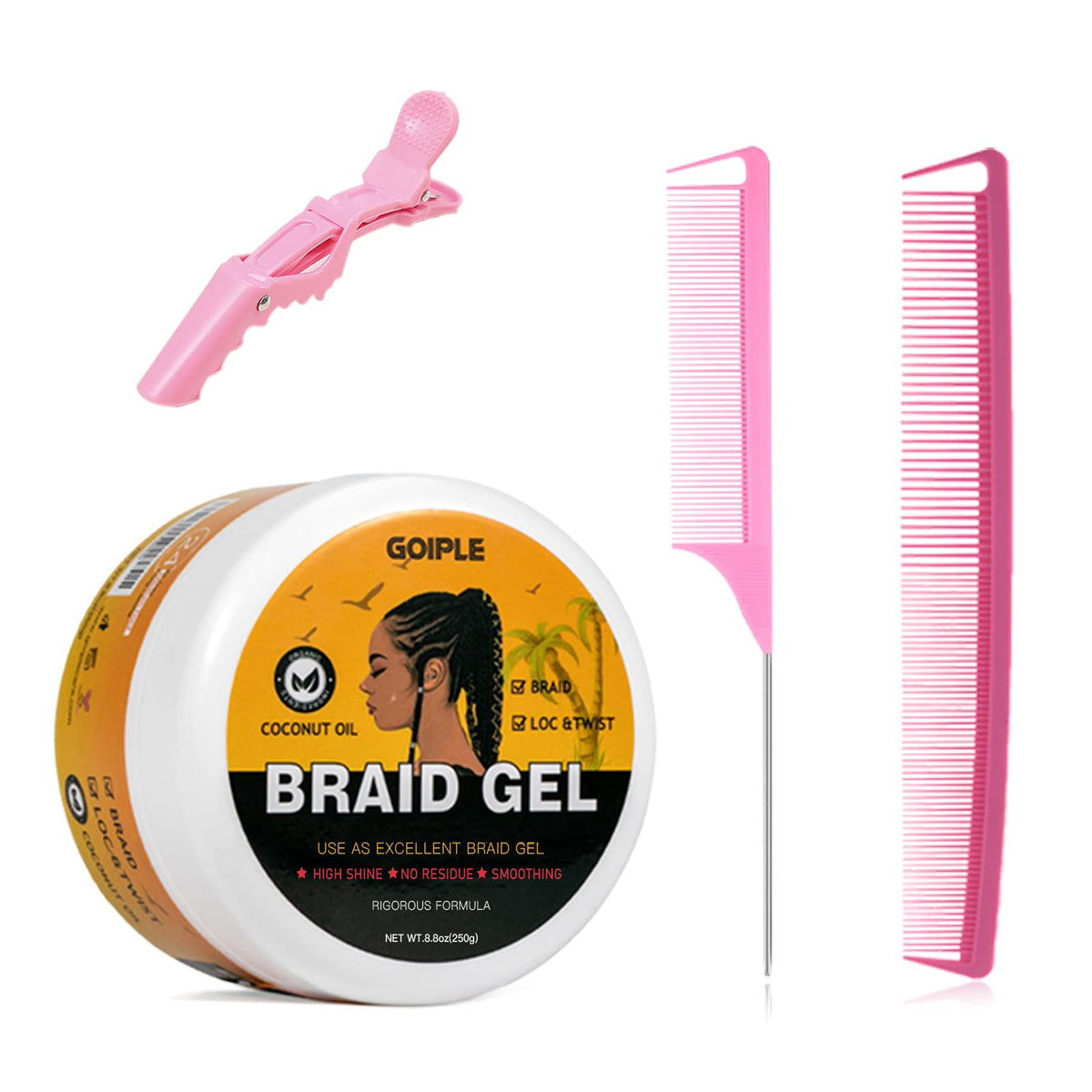 Goiple gel para trenzas con fijación fuerte y brillo duradero.