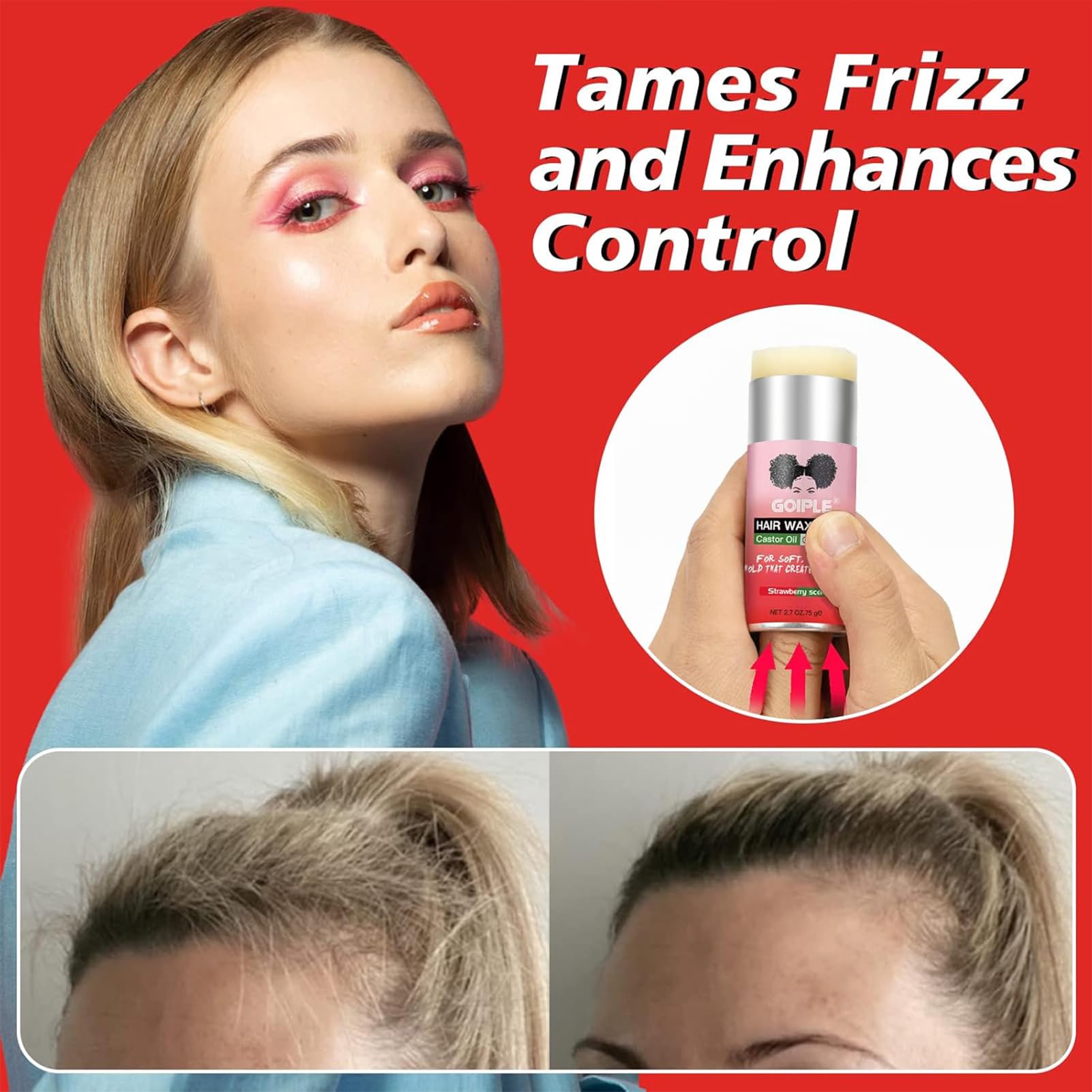 Goiple wax stick demonstrating frizz-control for a clean, sleek look