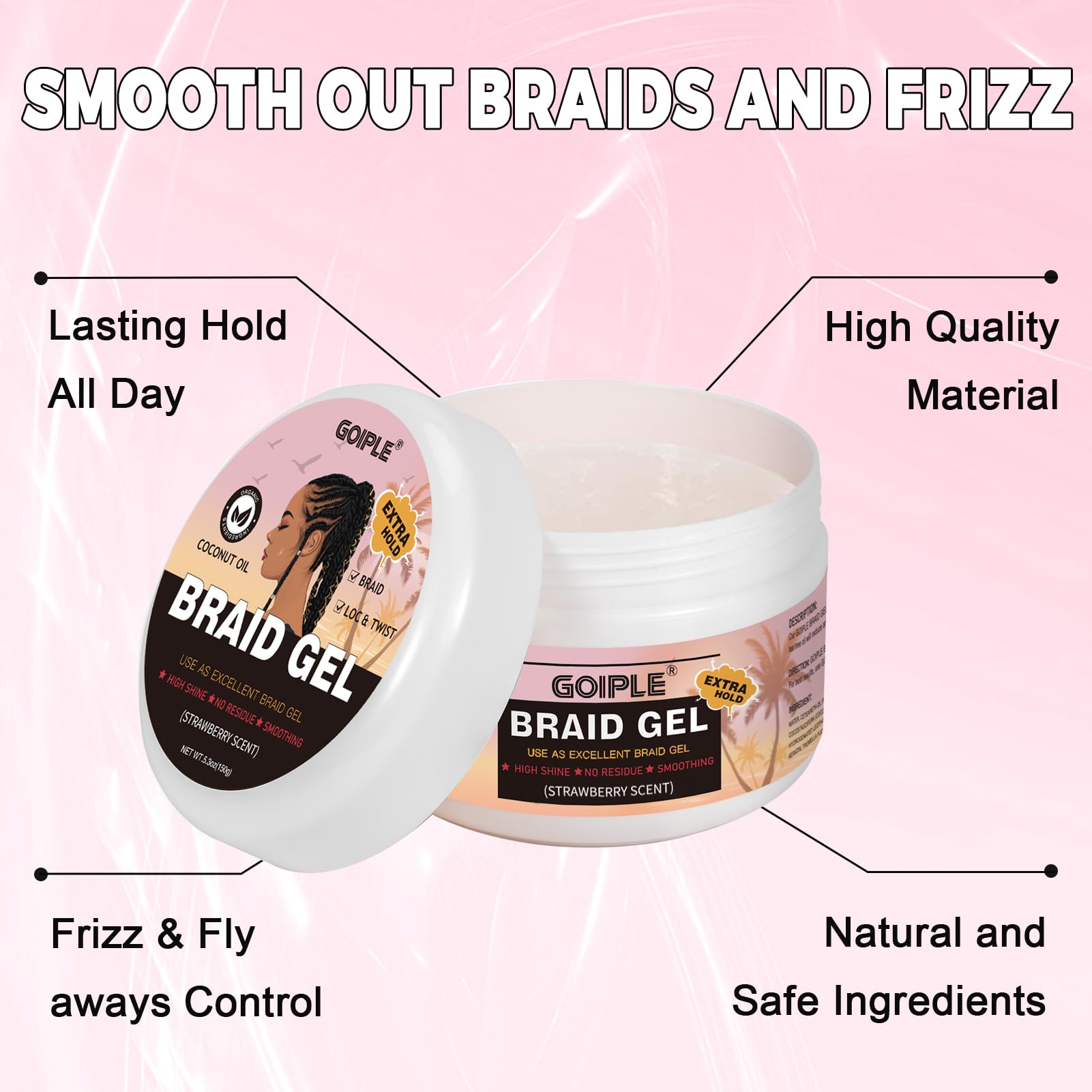 Goiple hair smoothing result for twists and braids with frizz control.