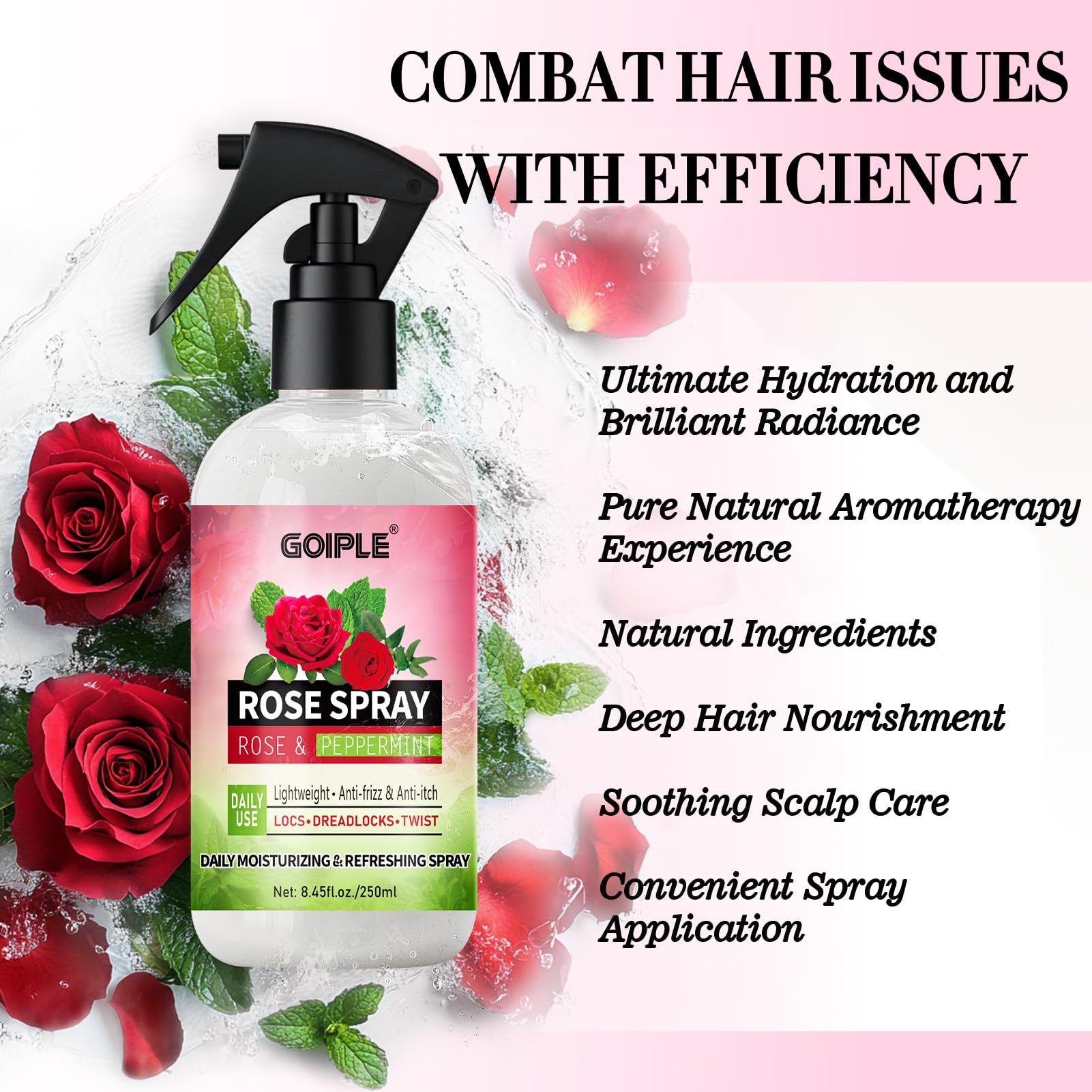 Ingredientes naturales aceite de ricino y agua de rosa para la salud del cabello.
