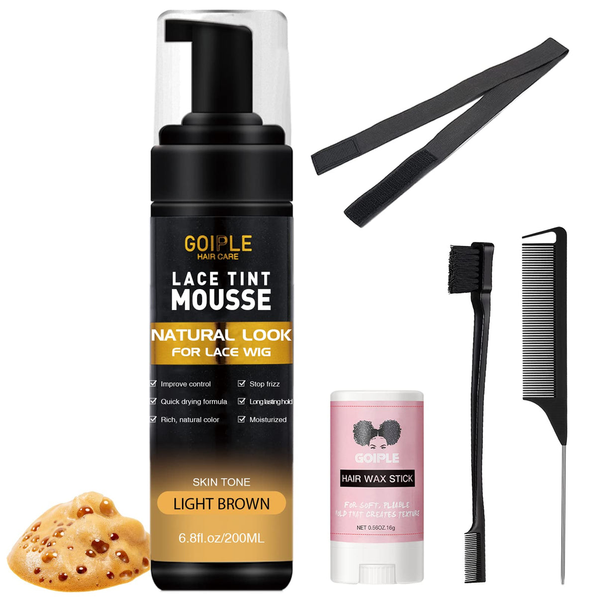 Goiple lace tint mousse bottle applying to lace wig for natural blend