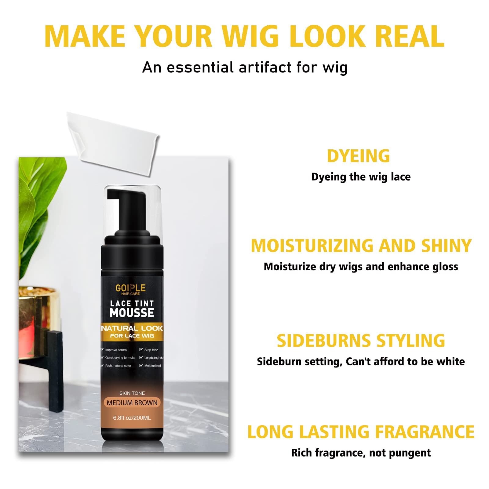 Goiple Lace Tint Mousse medium brown on lace wig—natural blend.