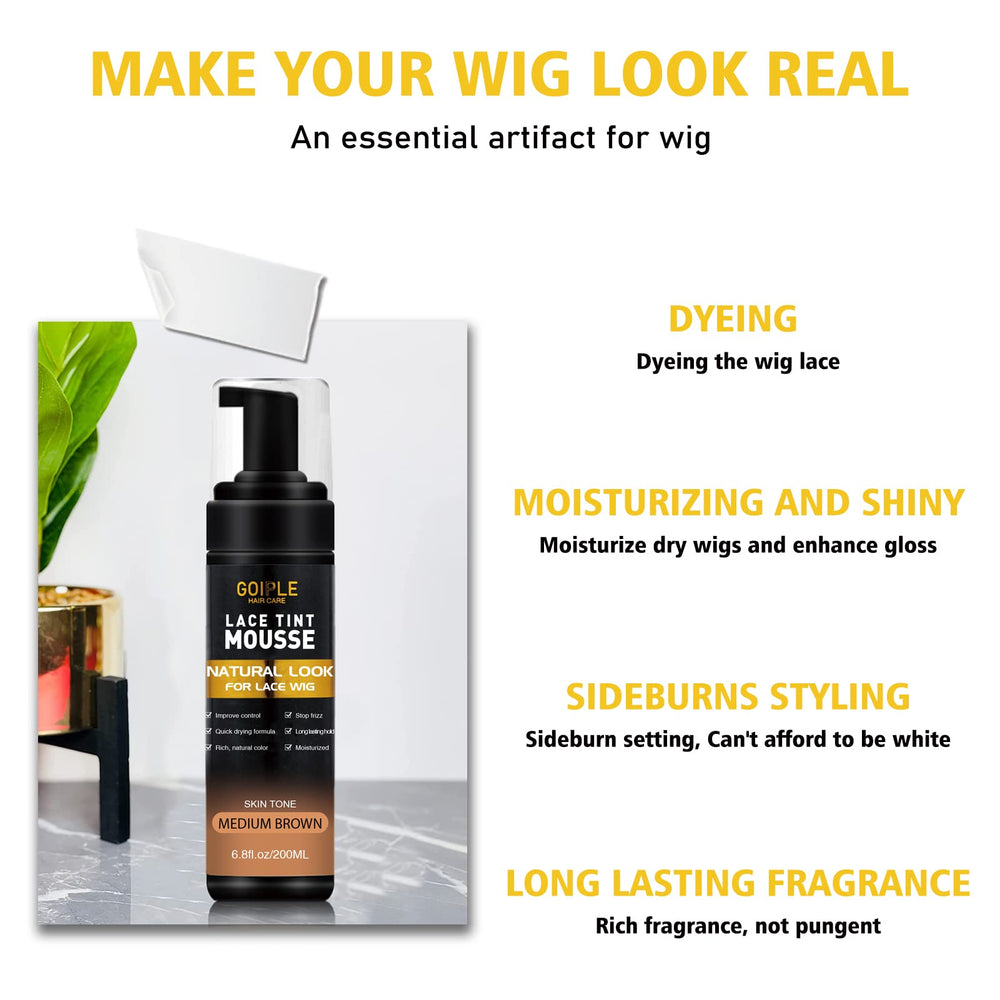 Goiple Lace Tint Mousse medium brown on lace wig—natural blend.