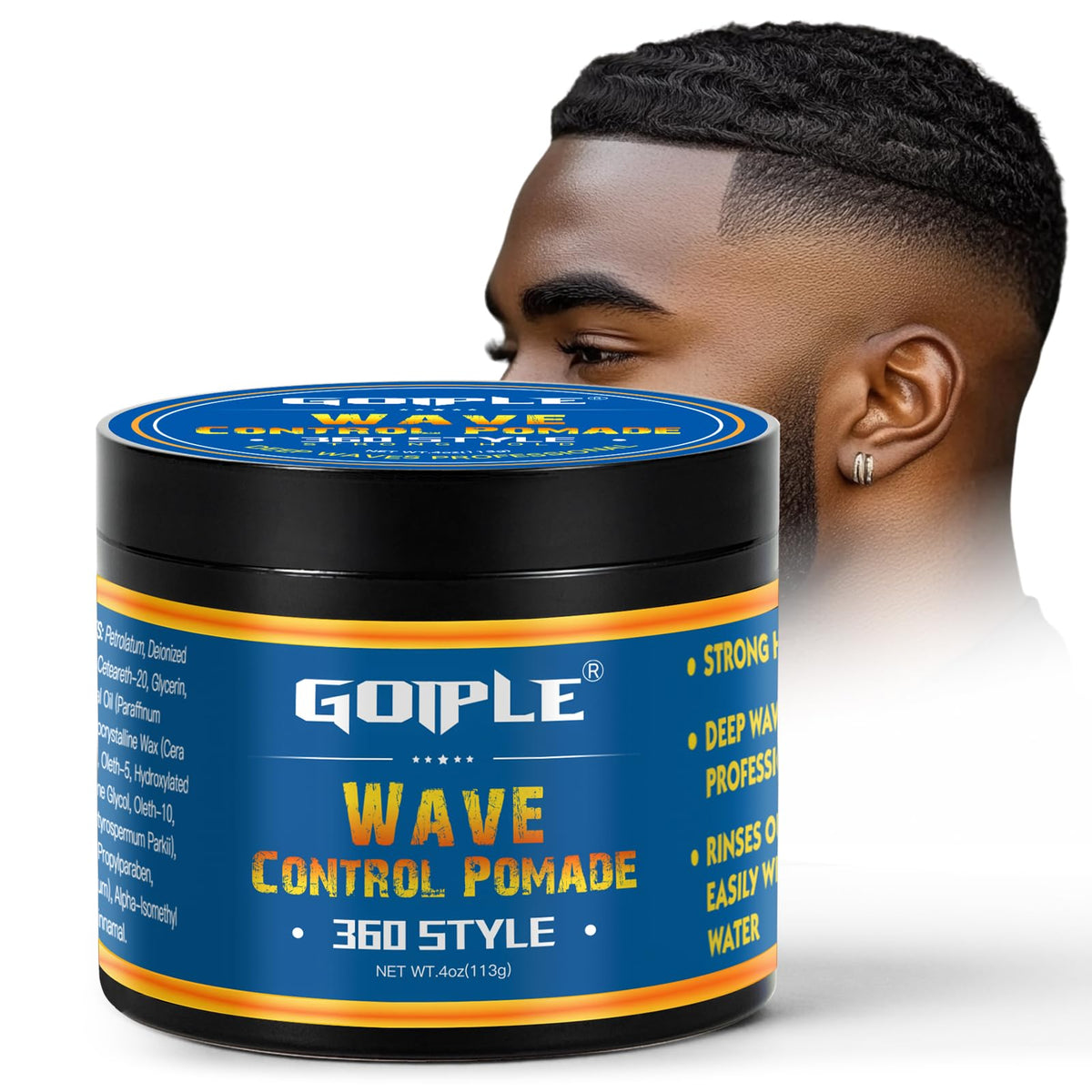 Goiple pomada de onda 360 en botella para definición suave y duradera.