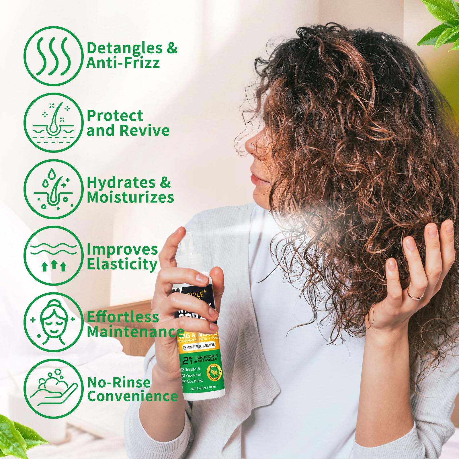 Goiple Wig Milk Spray aporta brillo natural y revitaliza el aspecto.