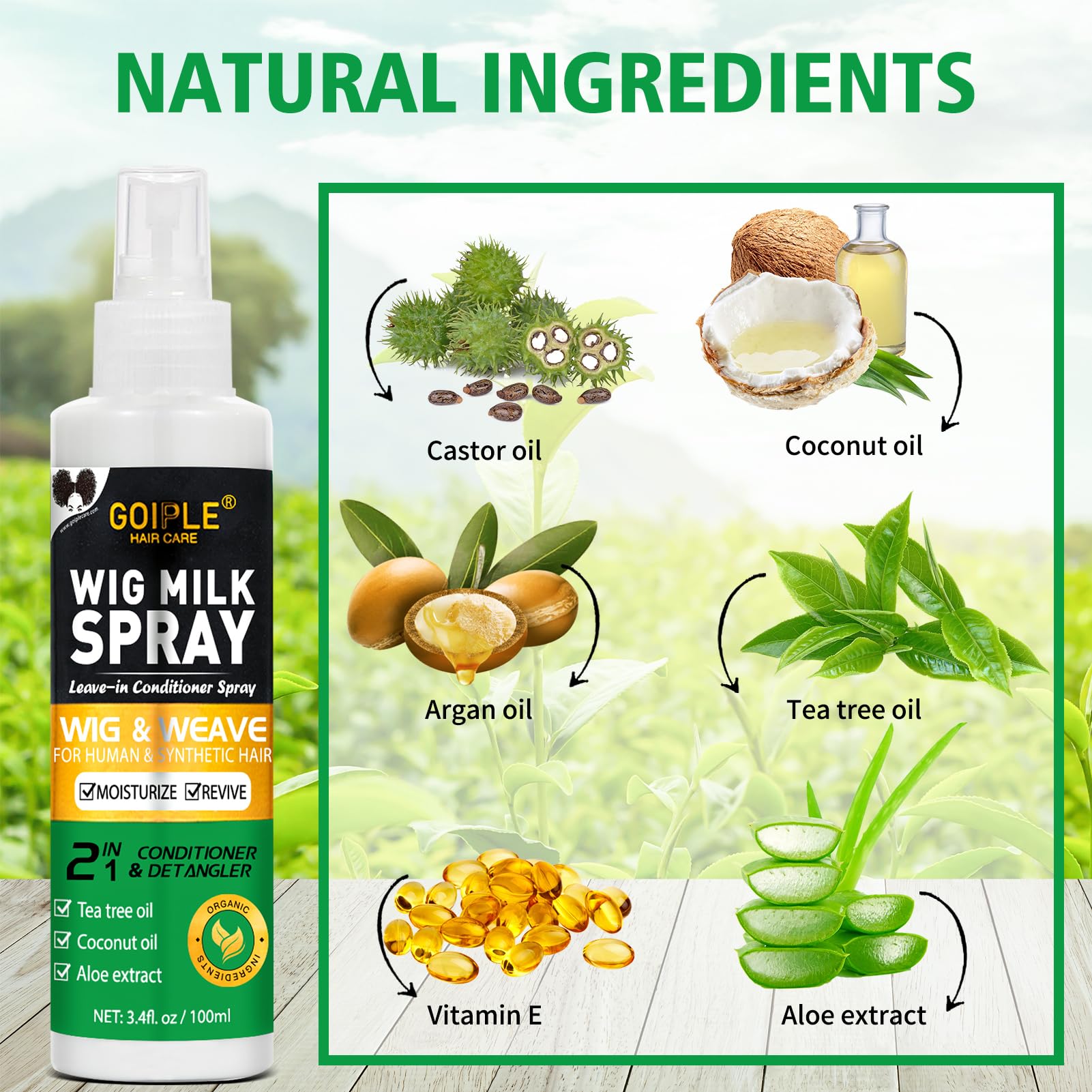 Goiple Wig Milk Spray hidratación profunda para fibras sintéticas y brillo suave.