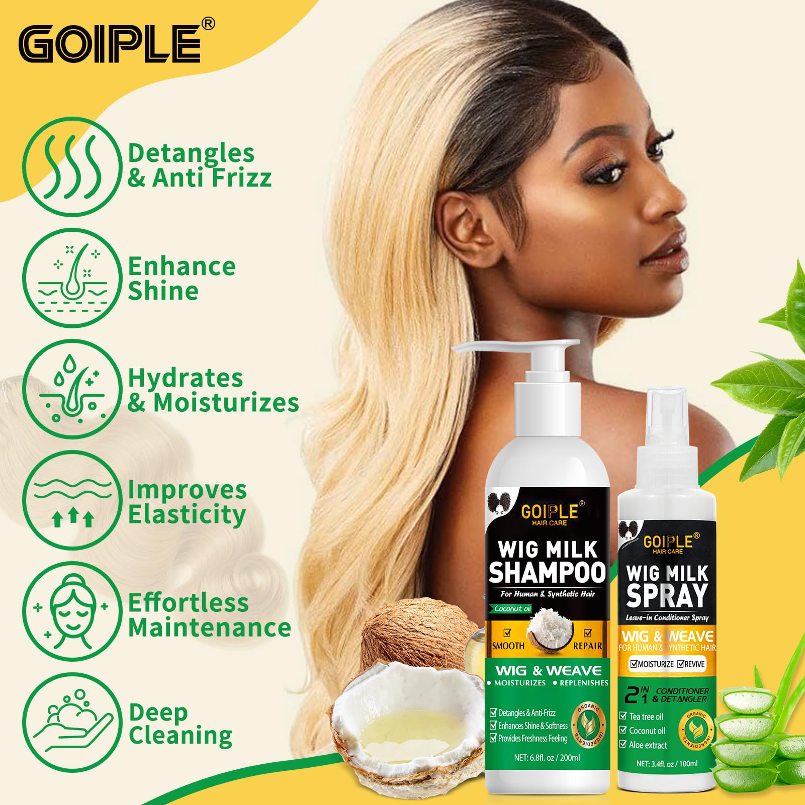 Goiple Wig Milk Spray con aceite de árbol de té, coco y aloe para revitalizar.