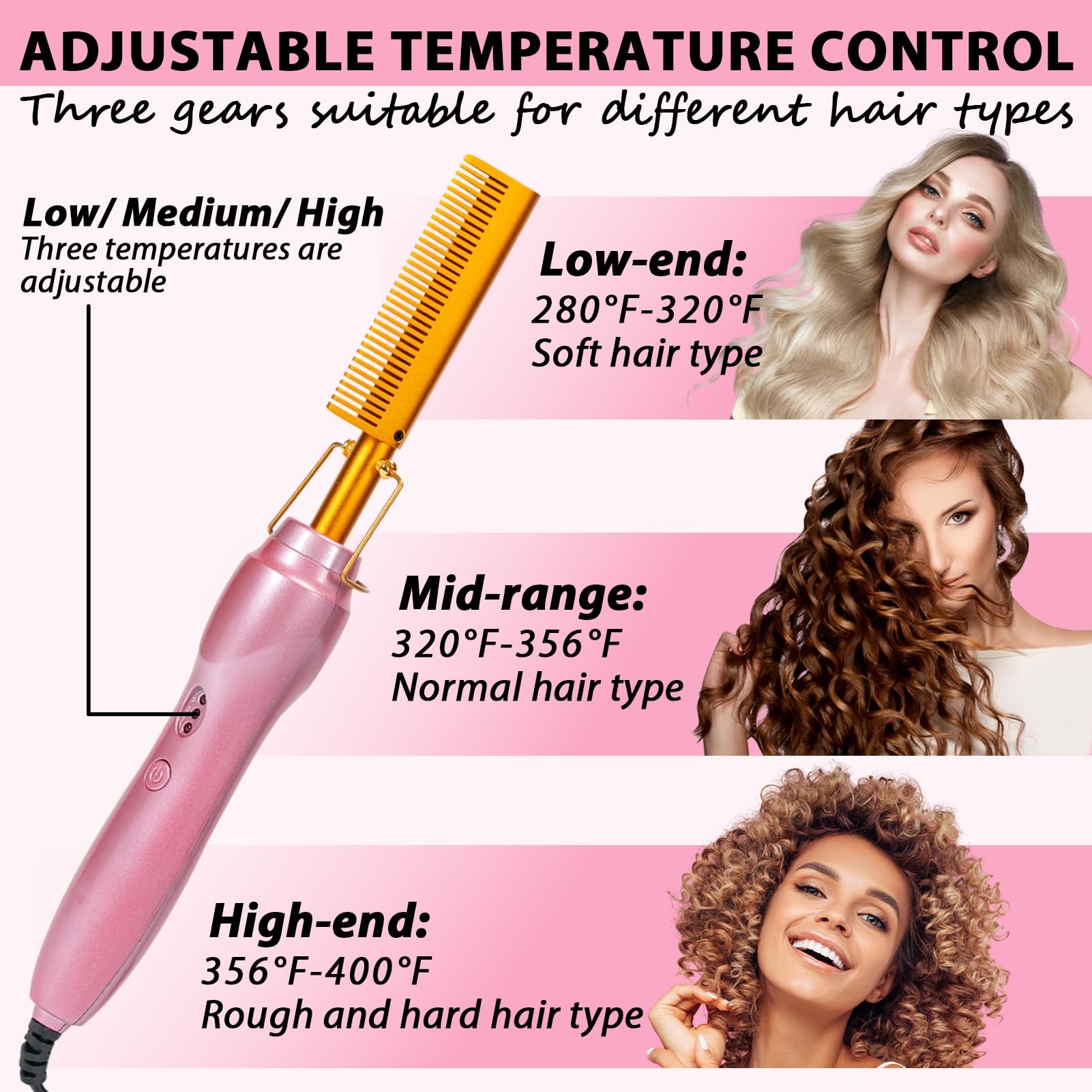 Goiple hot comb used on a wig for frizz elimination and shine