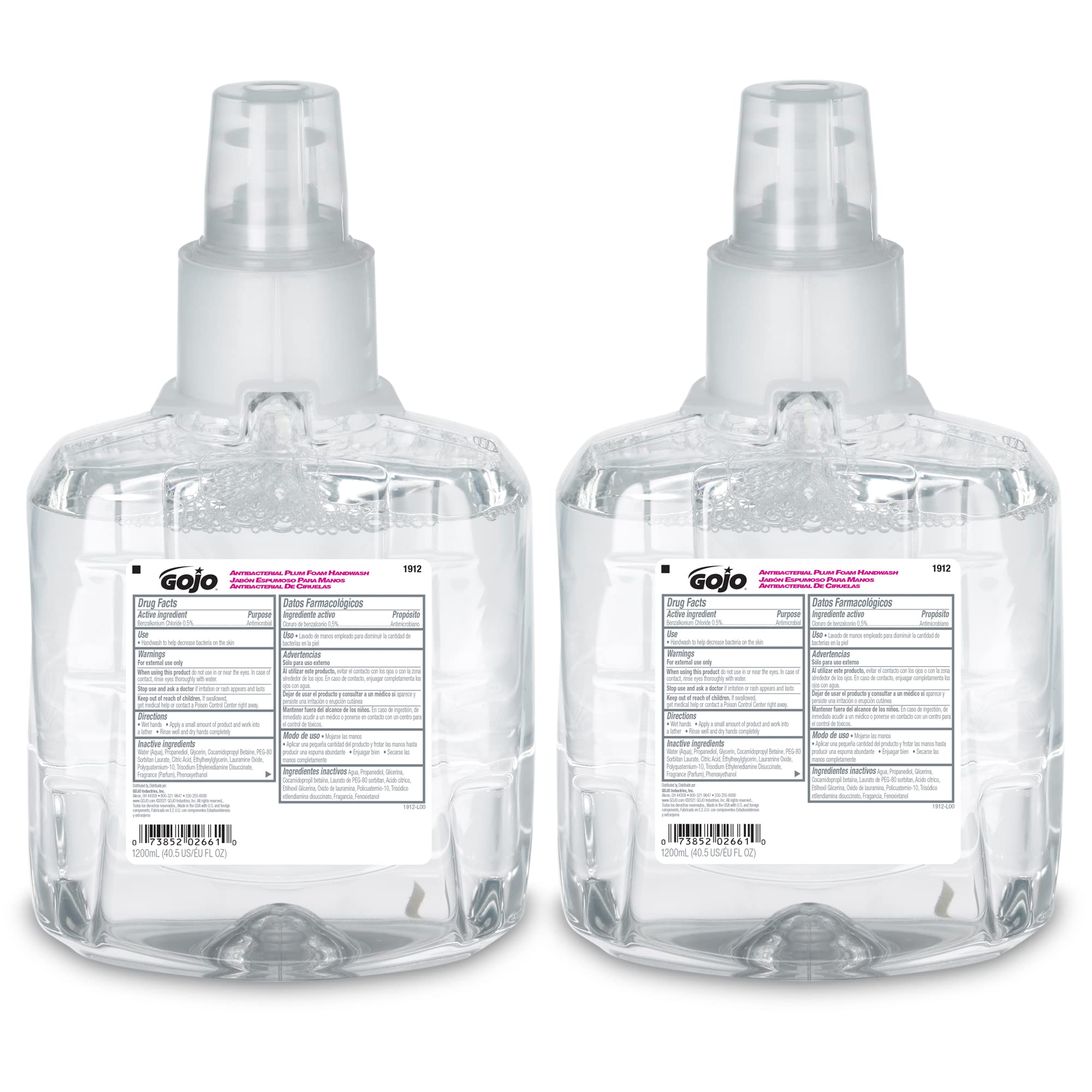 GOJO antibacterial foam handwash refill in plum fragrance, front view.