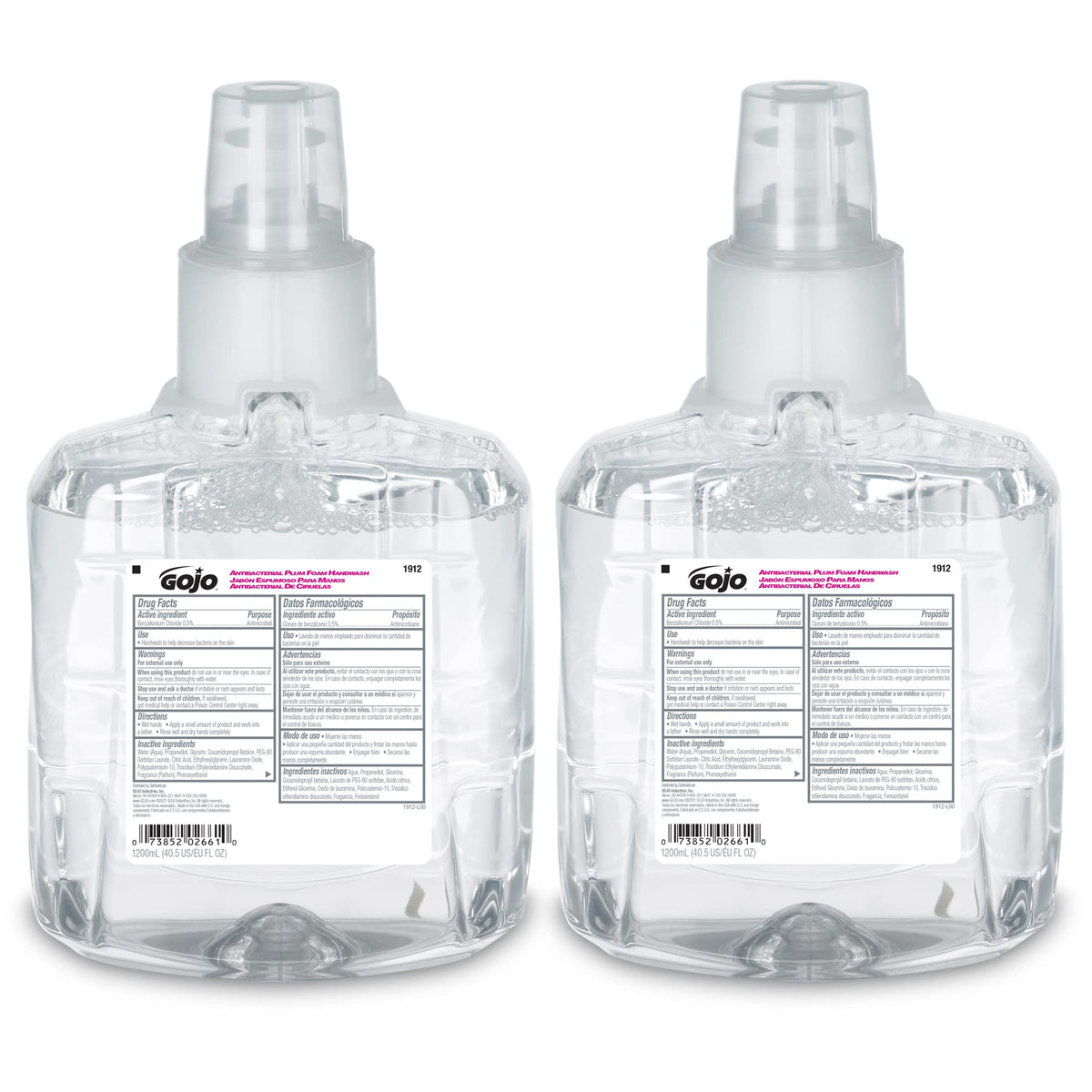 GOJO antibacterial foam handwash refill in plum fragrance, front view.