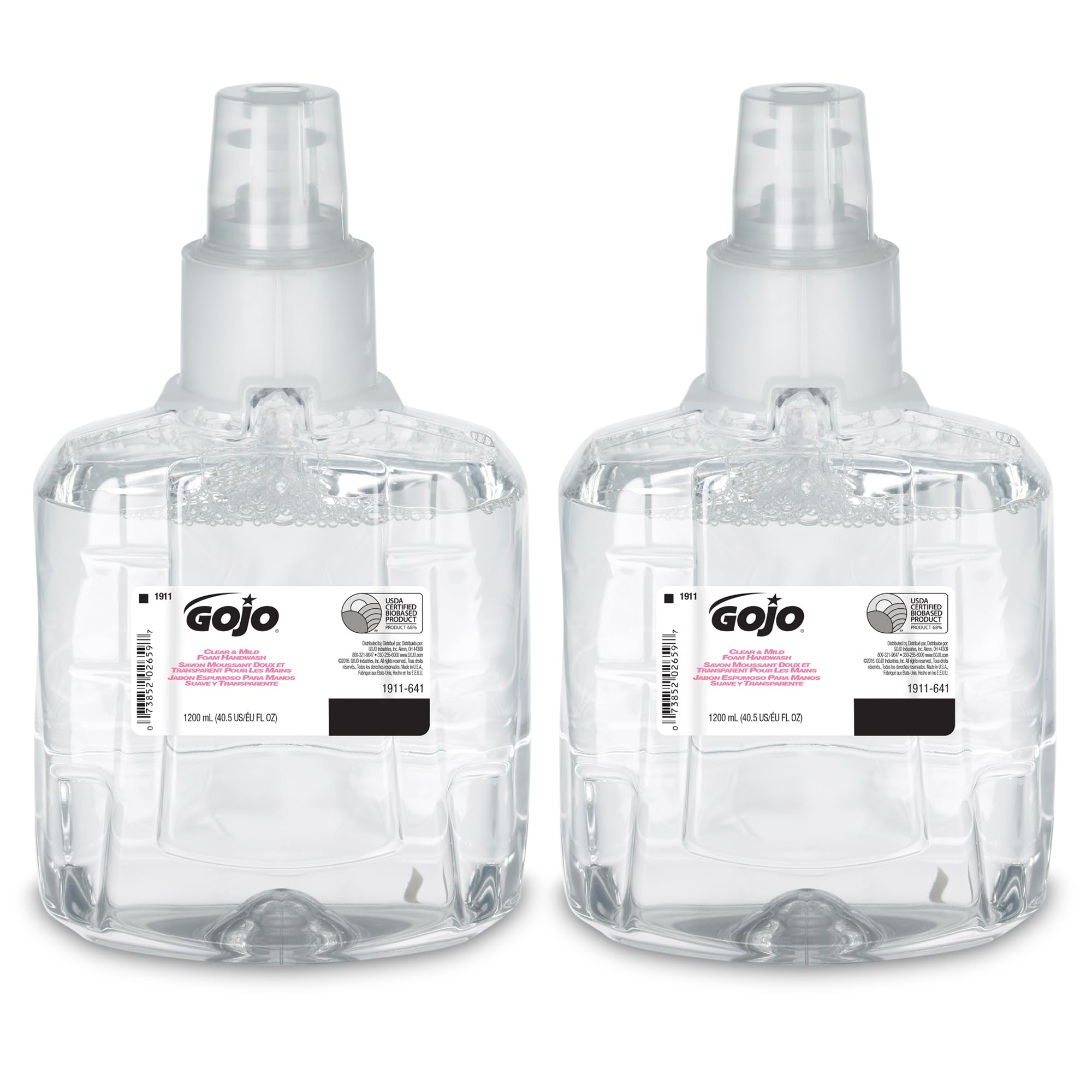 GOJO Clear and Mild Foam Handwash bottle; fragrance-free formula ideal for sensitive noses.