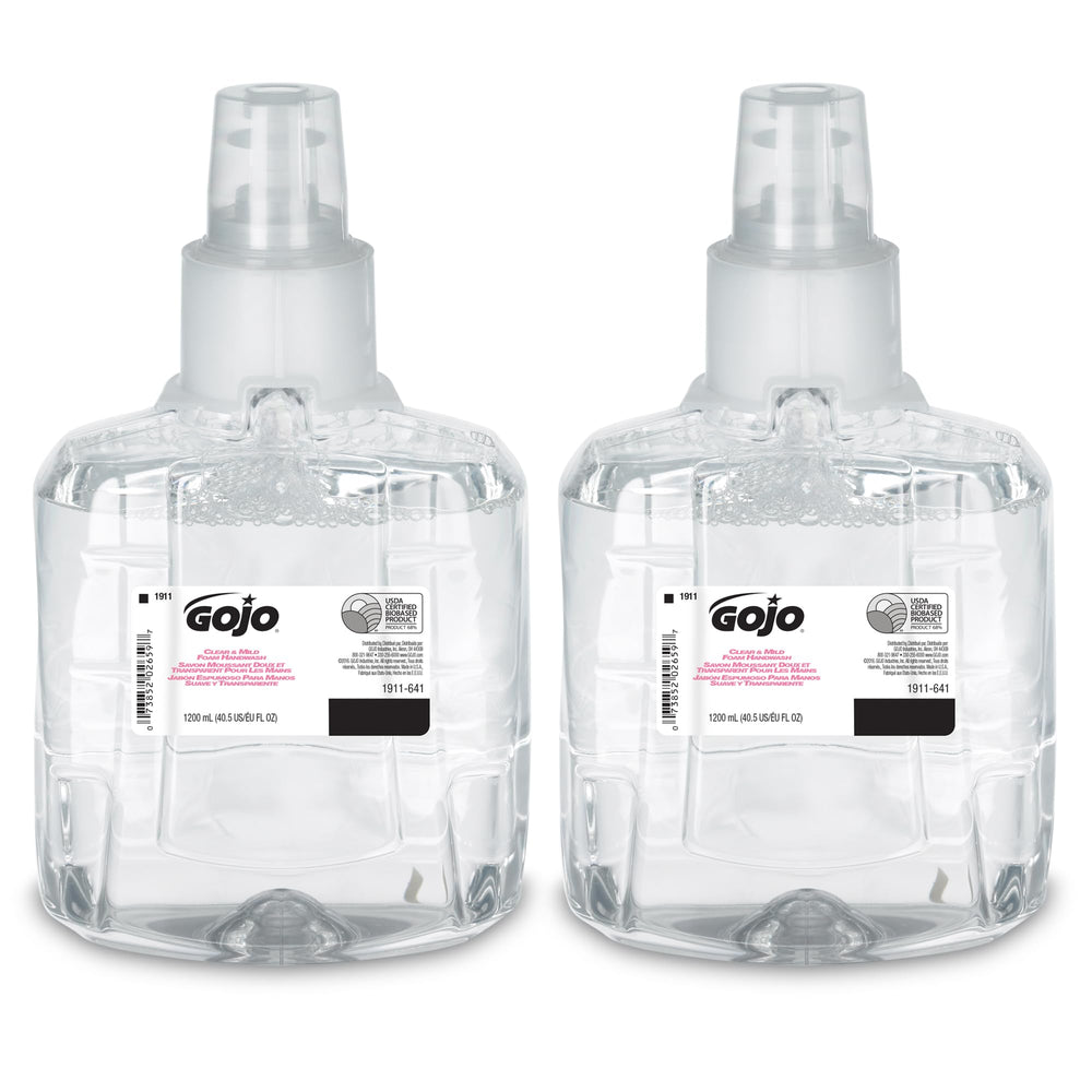 GOJO Clear and Mild Foam Handwash bottle; fragrance-free formula ideal for sensitive noses.