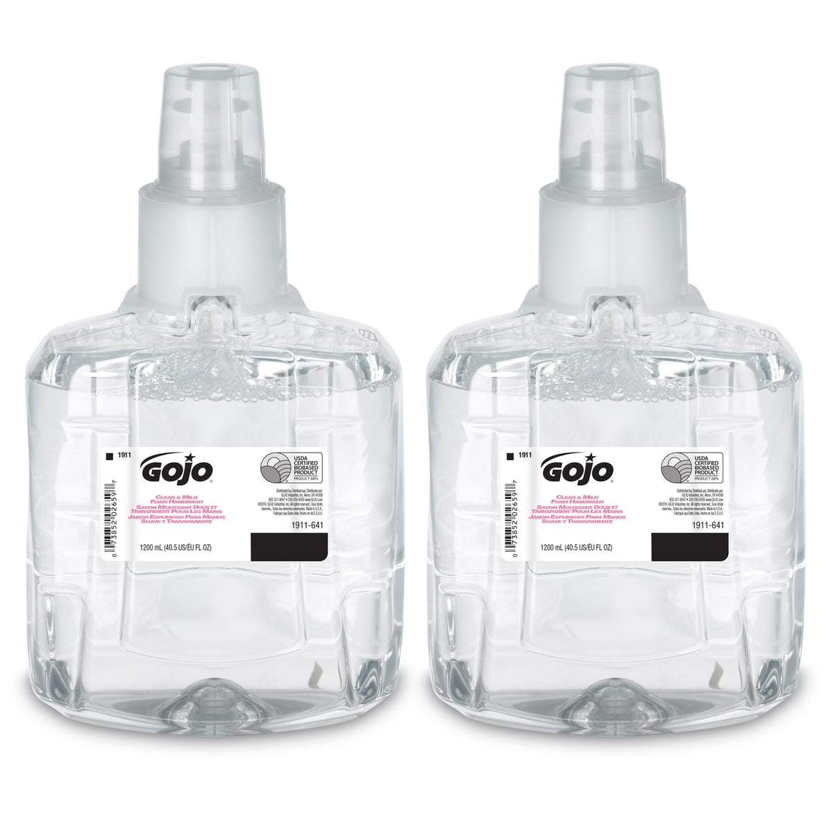GOJO Clear and Mild Foam Handwash bottle; fragrance-free formula ideal for sensitive noses.