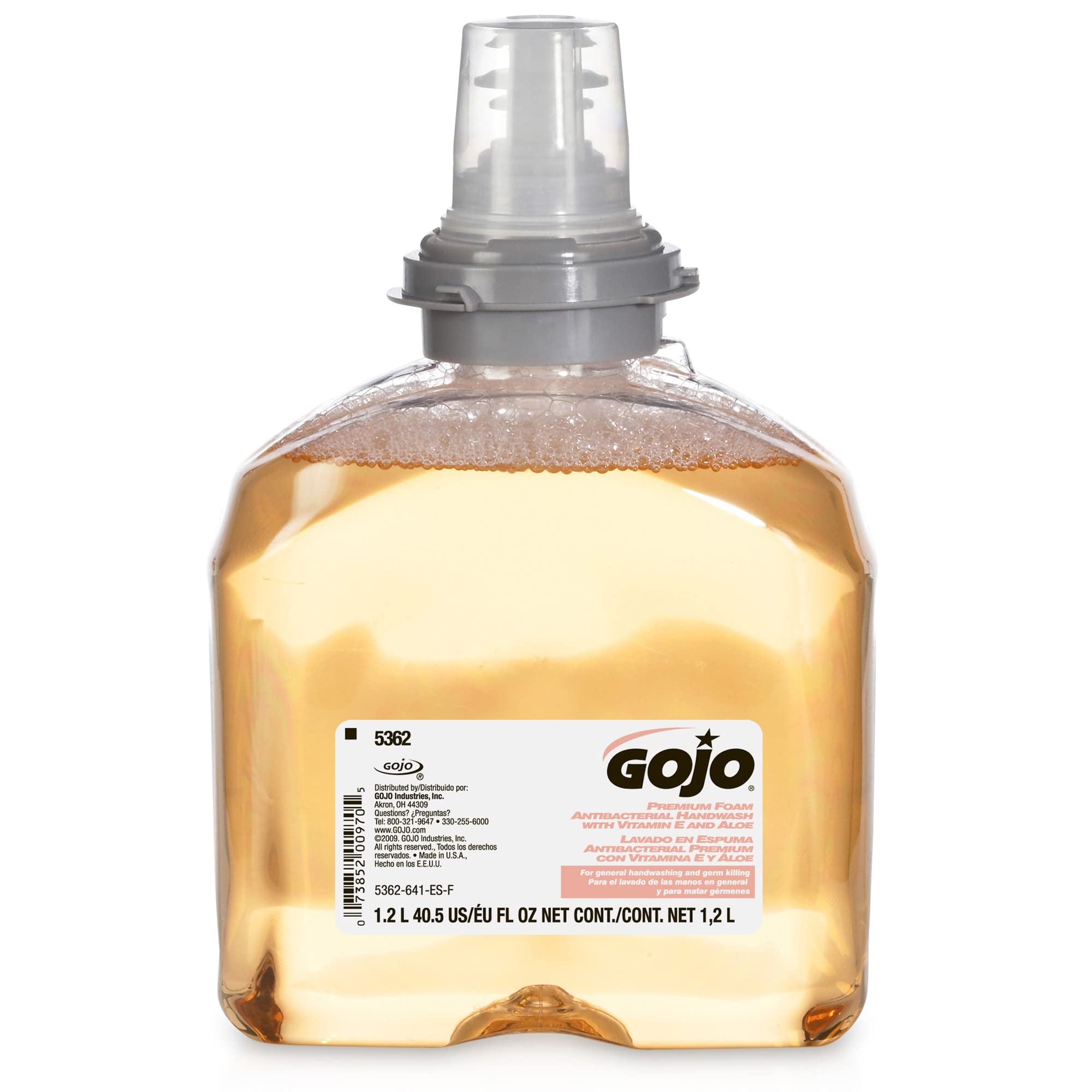 Gojo TFX refill showing sanitary sealed valve for hygienic dispensing.