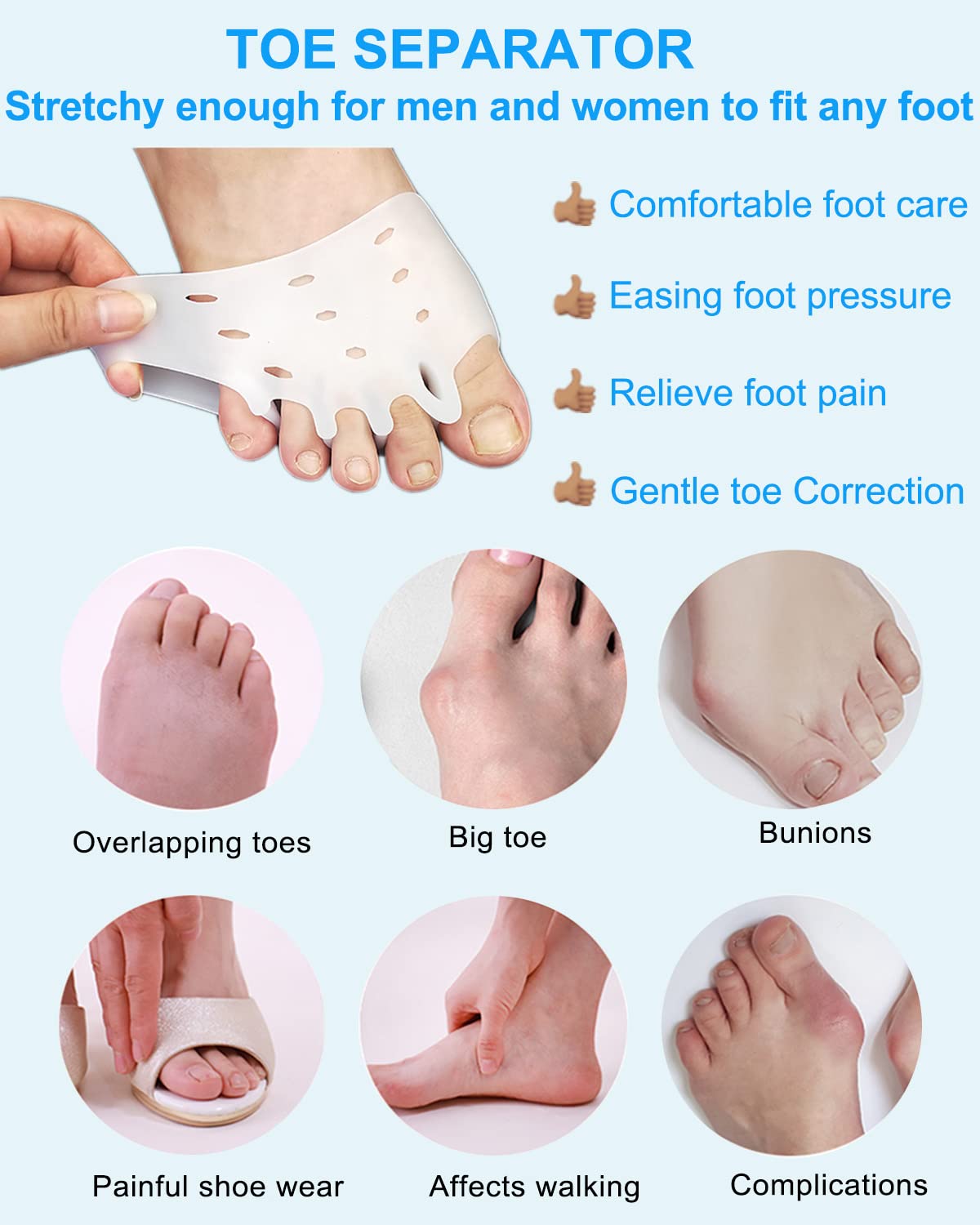Golbylicc toe-spacers forefoot-pads separate toes to reduce friction during walking.