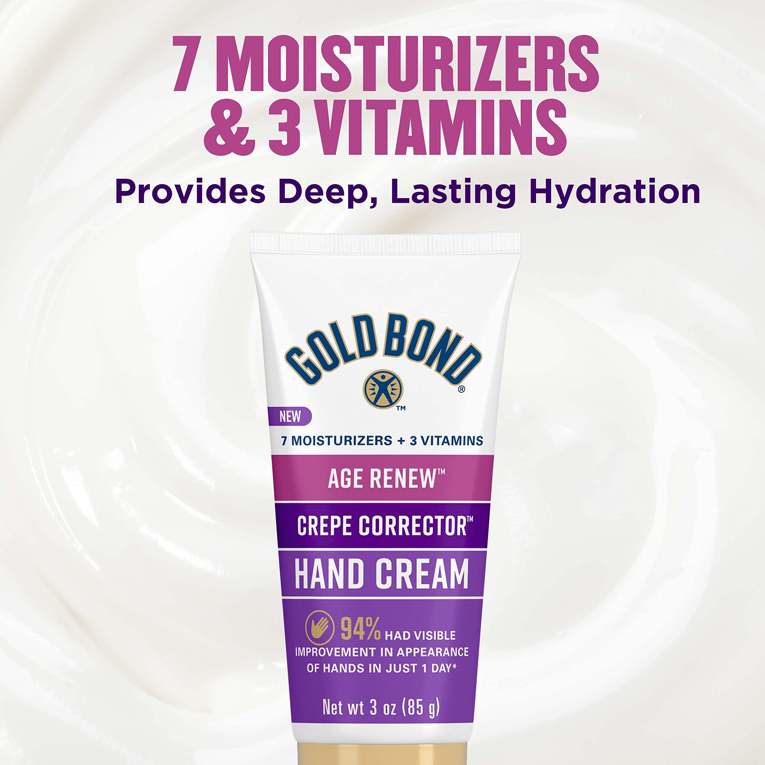 Dermatologist tested, hypoallergenic Gold Bond hand cream for crepey skin.