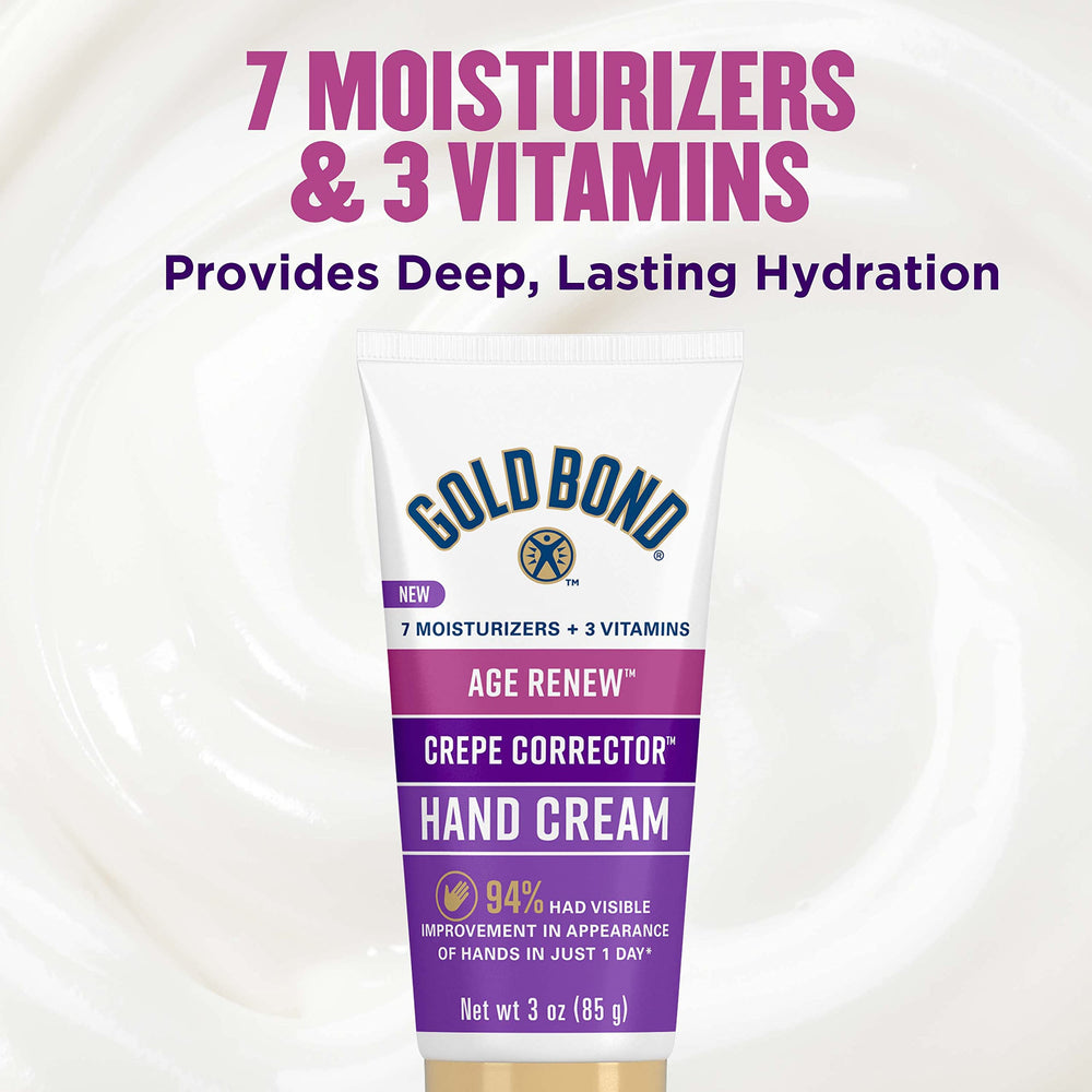 Dermatologist tested, hypoallergenic Gold Bond hand cream for crepey skin.