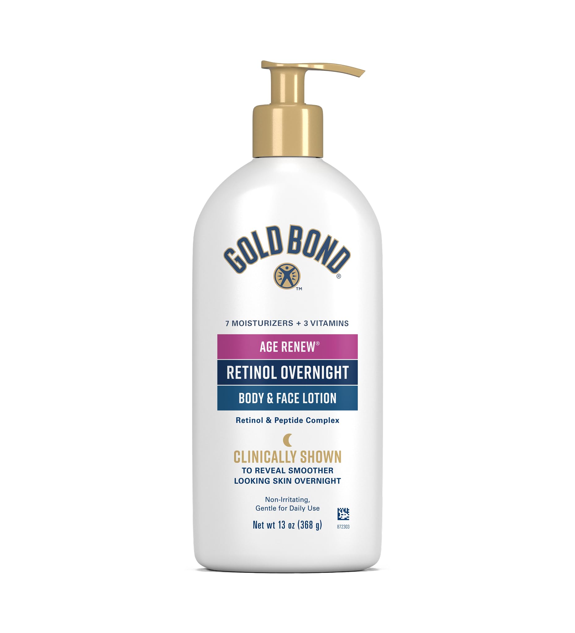 Gold Bond Age Renew Retinol Overnight, botella con bomba para uso nocturno en rostro y cuerpo.