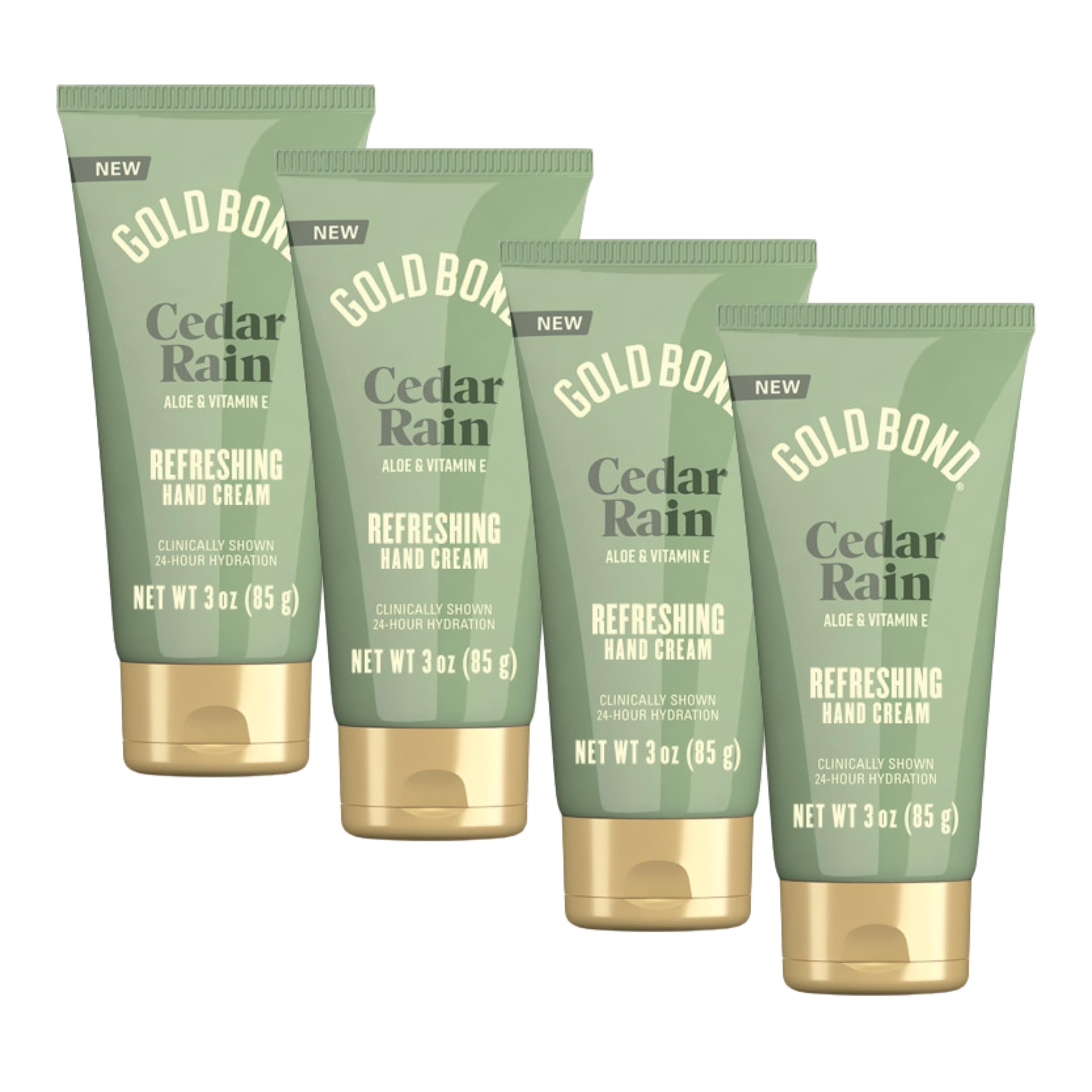 Gold Bond Cedar Rain crema manos 4-pack muestra hidratación duradera para uso diario.