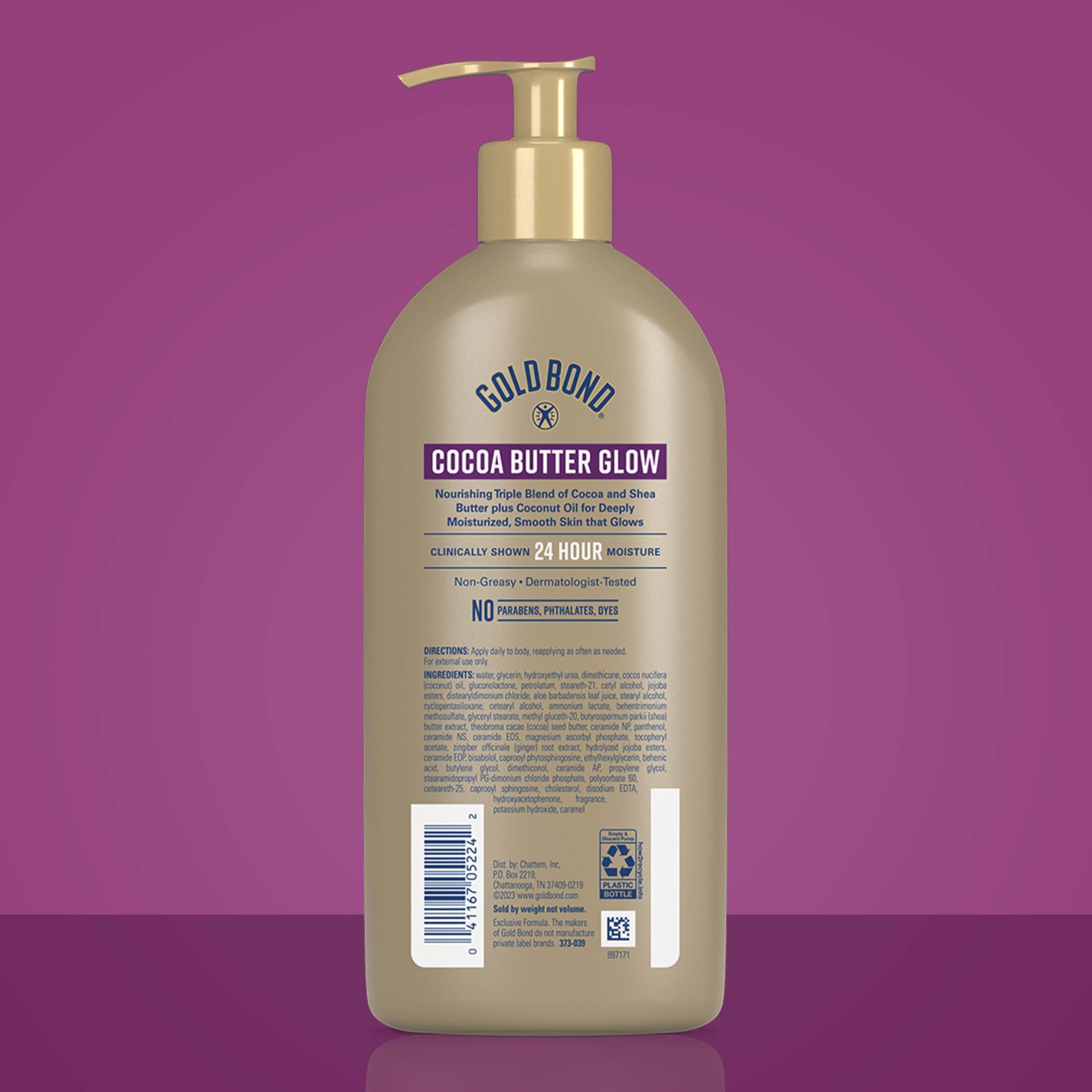 Gold Bond Cocoa Butter Glow highlights cocoa butter and shea in a nourishing blend.