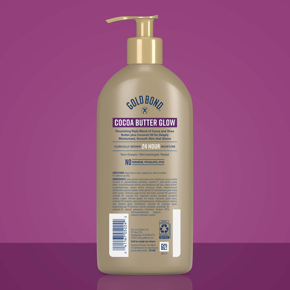Gold Bond Cocoa Butter Glow highlights cocoa butter and shea in a nourishing blend.