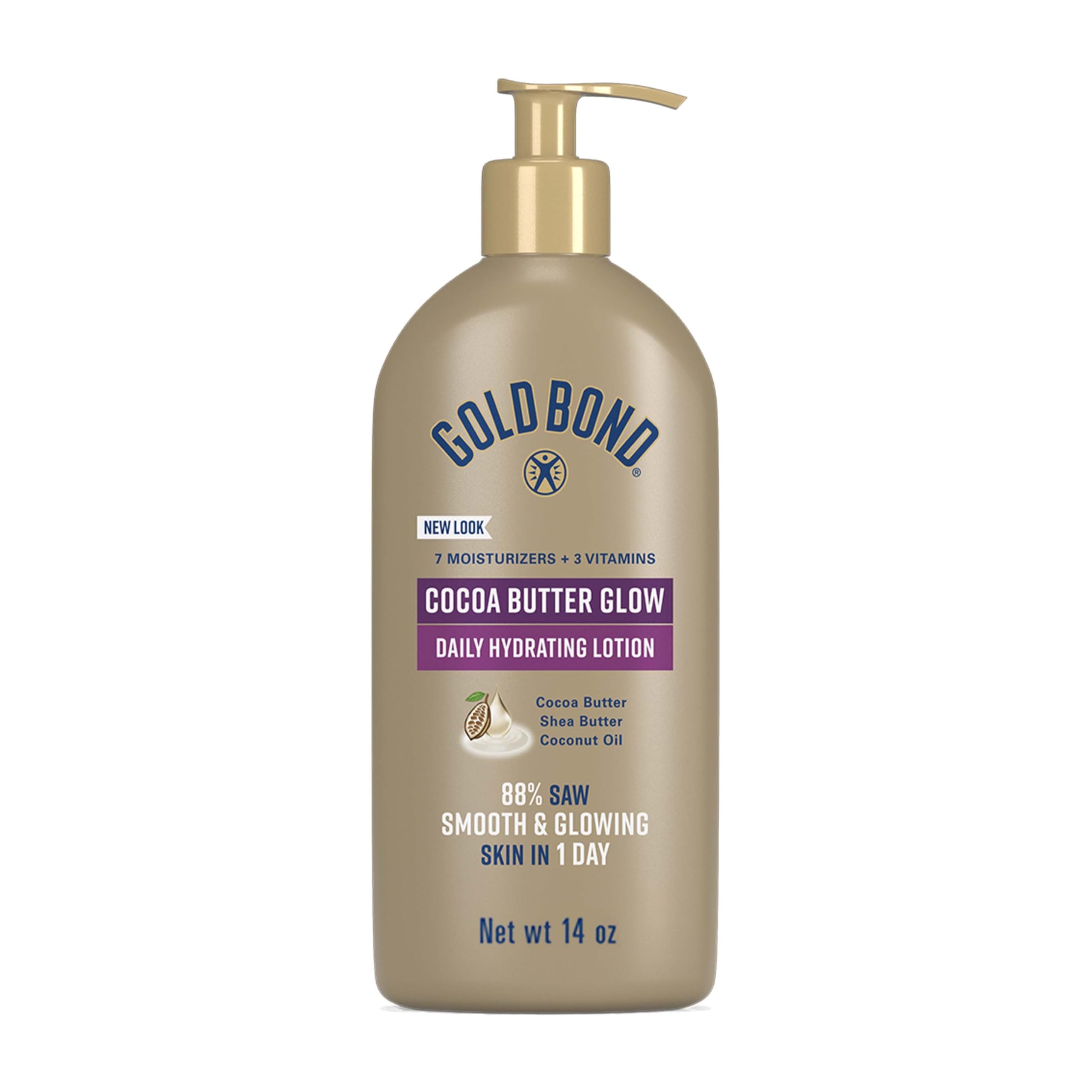 Gold Bond Cocoa Butter Glow lotion pump ready for daily hydration and easy application.