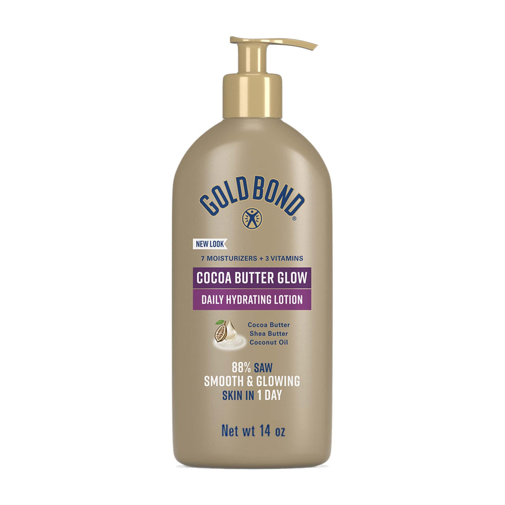 Gold Bond Cocoa Butter Glow lotion pump ready for daily hydration and easy application.