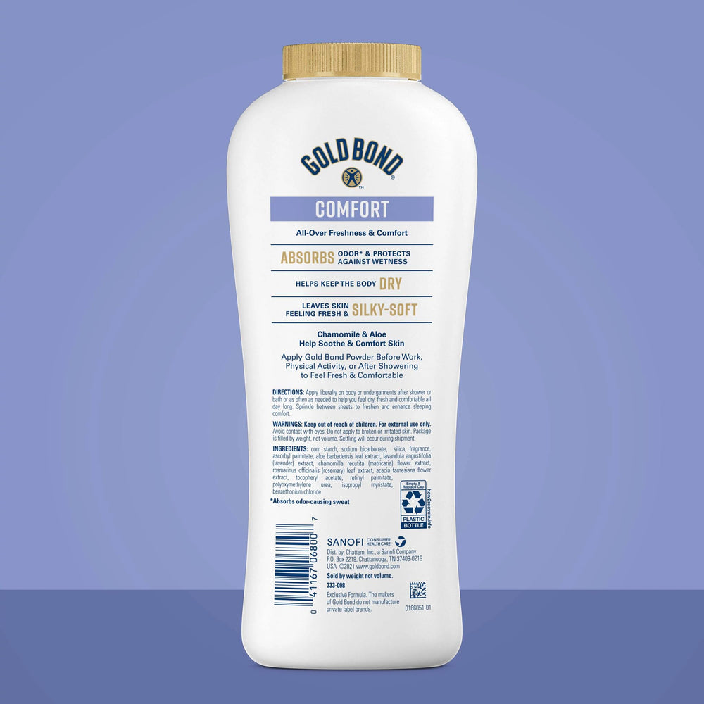 Two Gold Bond Comfort Body Powder bottles signaling travel moisture control.