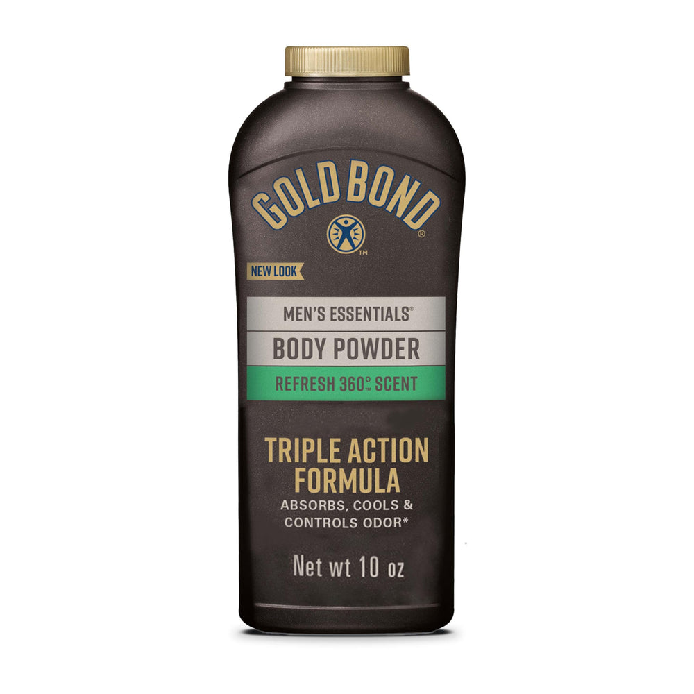 Gold Bond Essentials polvo cuerpo 10 oz, botella visible para control de humedad.