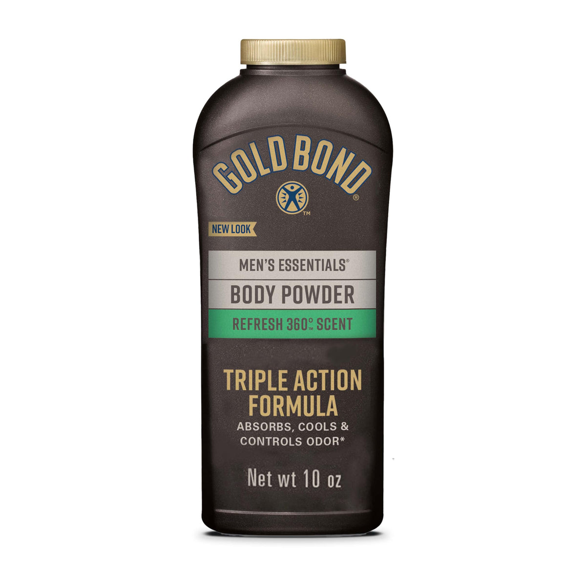 Gold Bond Essentials polvo cuerpo 10 oz, botella visible para control de humedad.