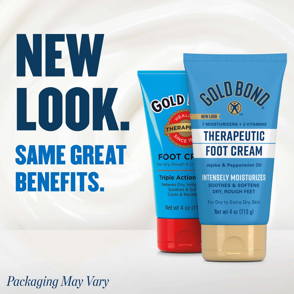 Gold Bond Foot Cream bottle emphasizes peppermint oil for a refreshing feel.