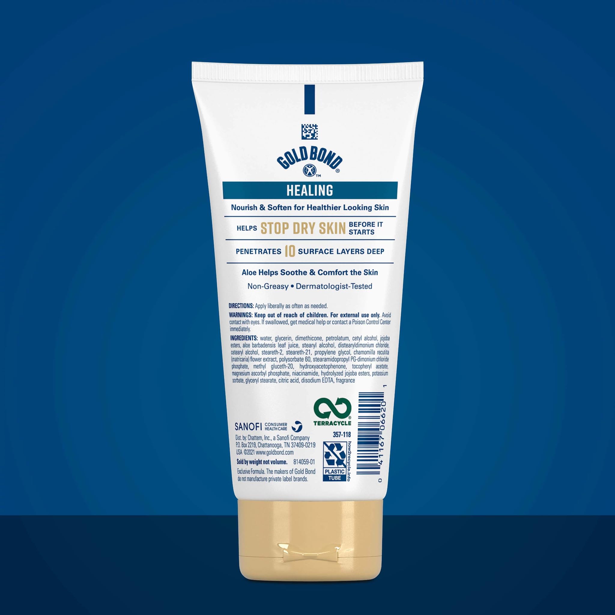 Gold Bond Healing Hydrating Lotion aloe bottle pouring to show rich texture.